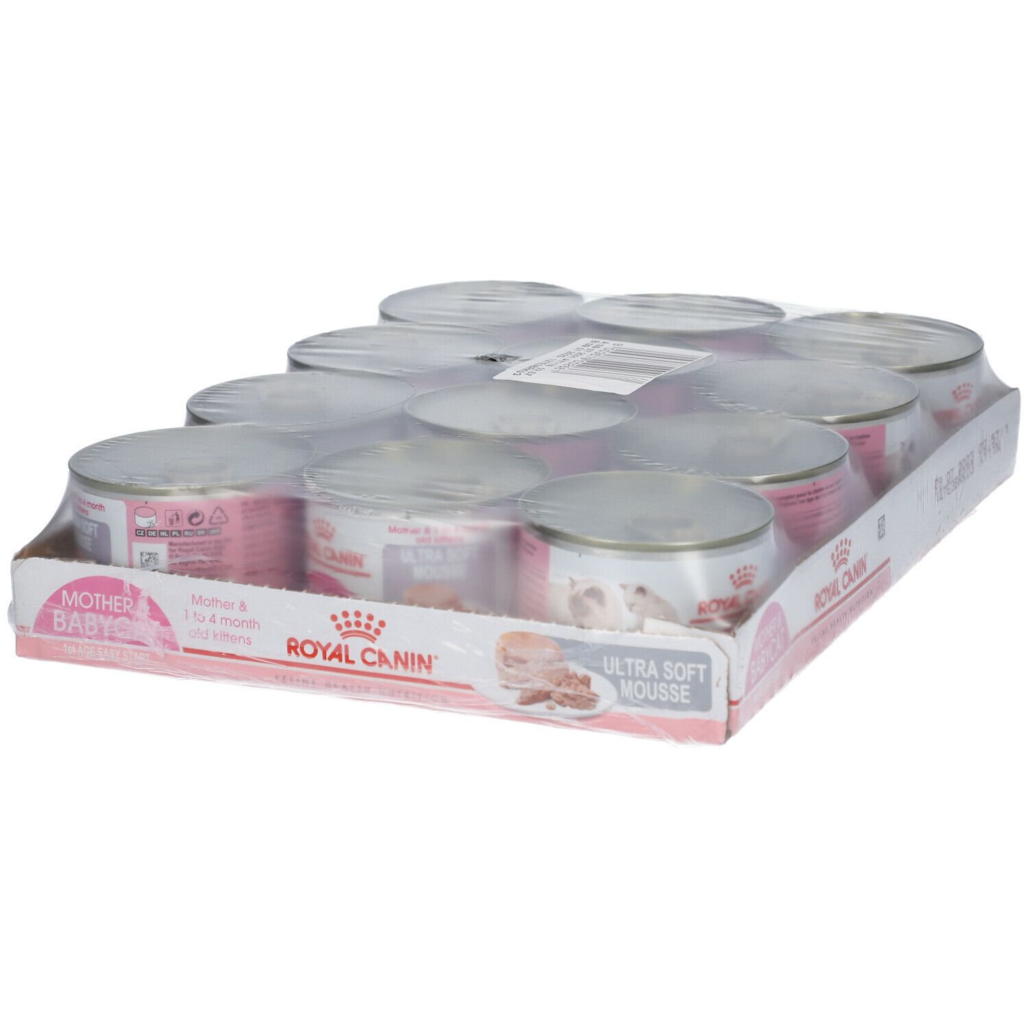 Lot de 12 boîtes de nourriture pour chat. Étiquettes roses avec texte et logo. Film plastique transparent enveloppant les boîtes.