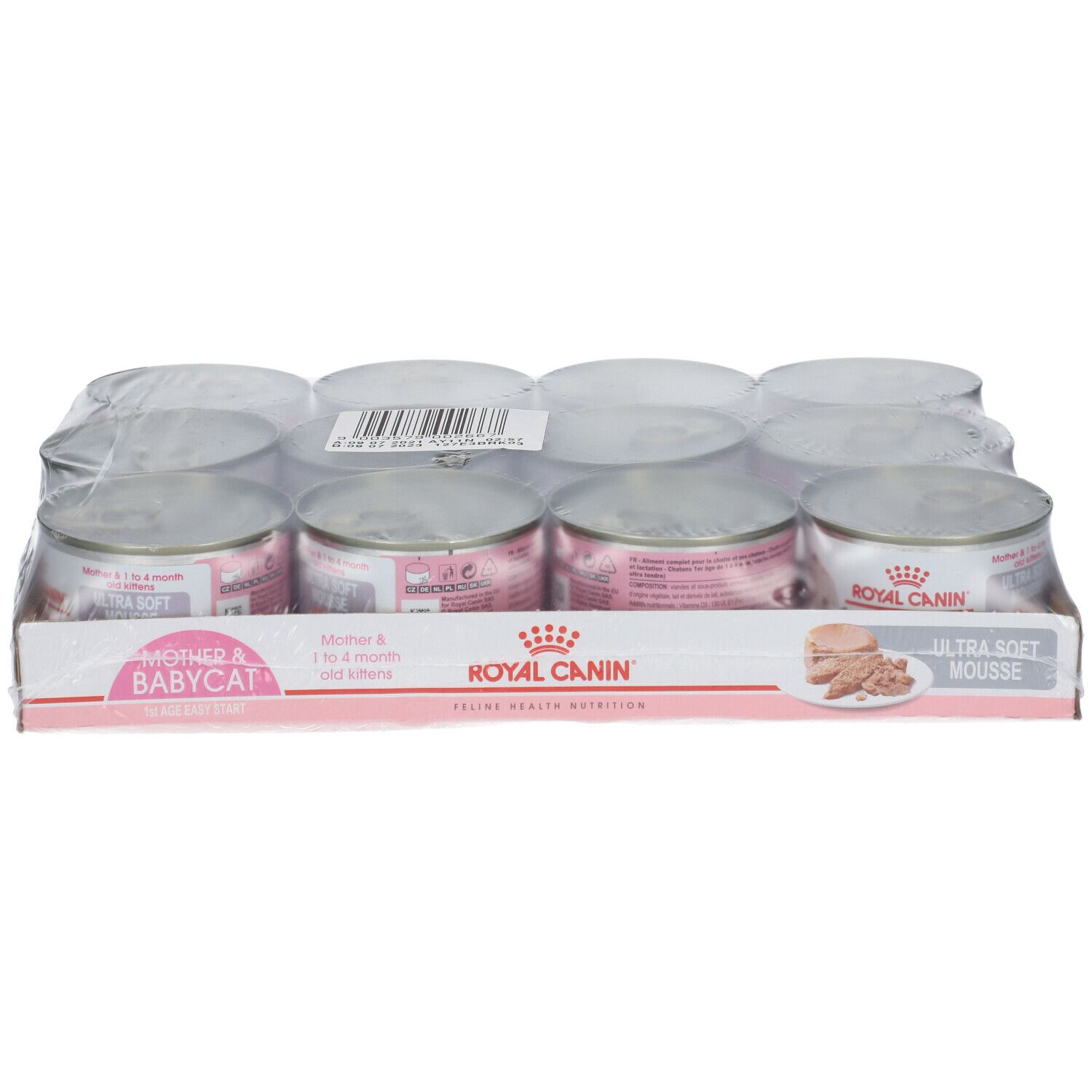 Lot de 12 boîtes de nourriture pour chat. Étiquettes roses avec texte et logo. Film plastique transparent enveloppant les boîtes.