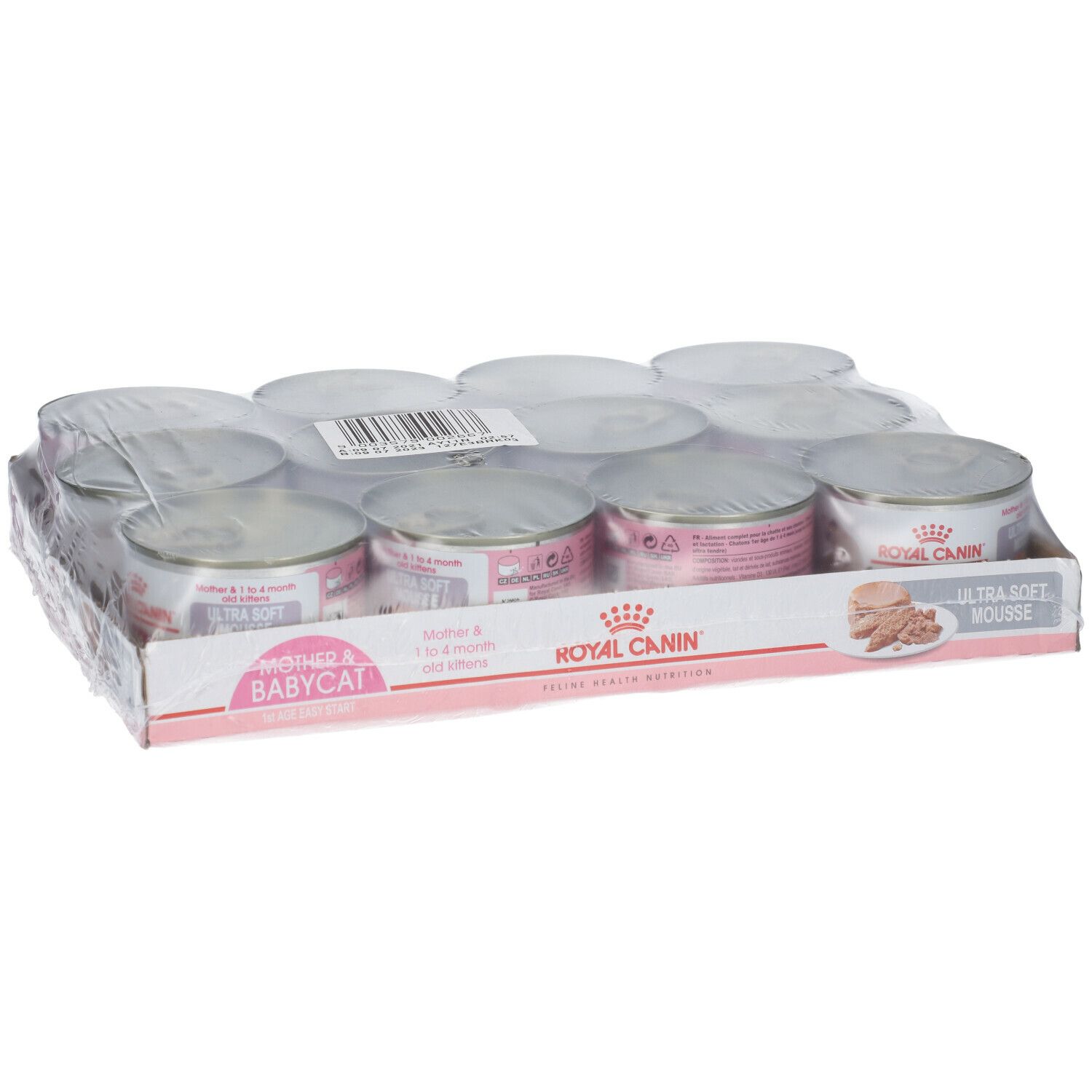 Lot de 12 boîtes de nourriture pour chat. Étiquettes roses avec texte et logo. Film plastique transparent enveloppant les boîtes.