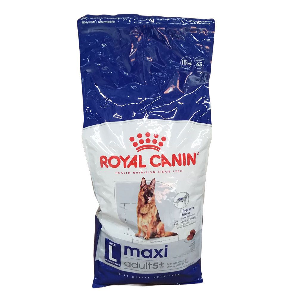 Royal Canin Maxi Adult 5+ Hundefutter-Sack mit deutscher Beschreibung.