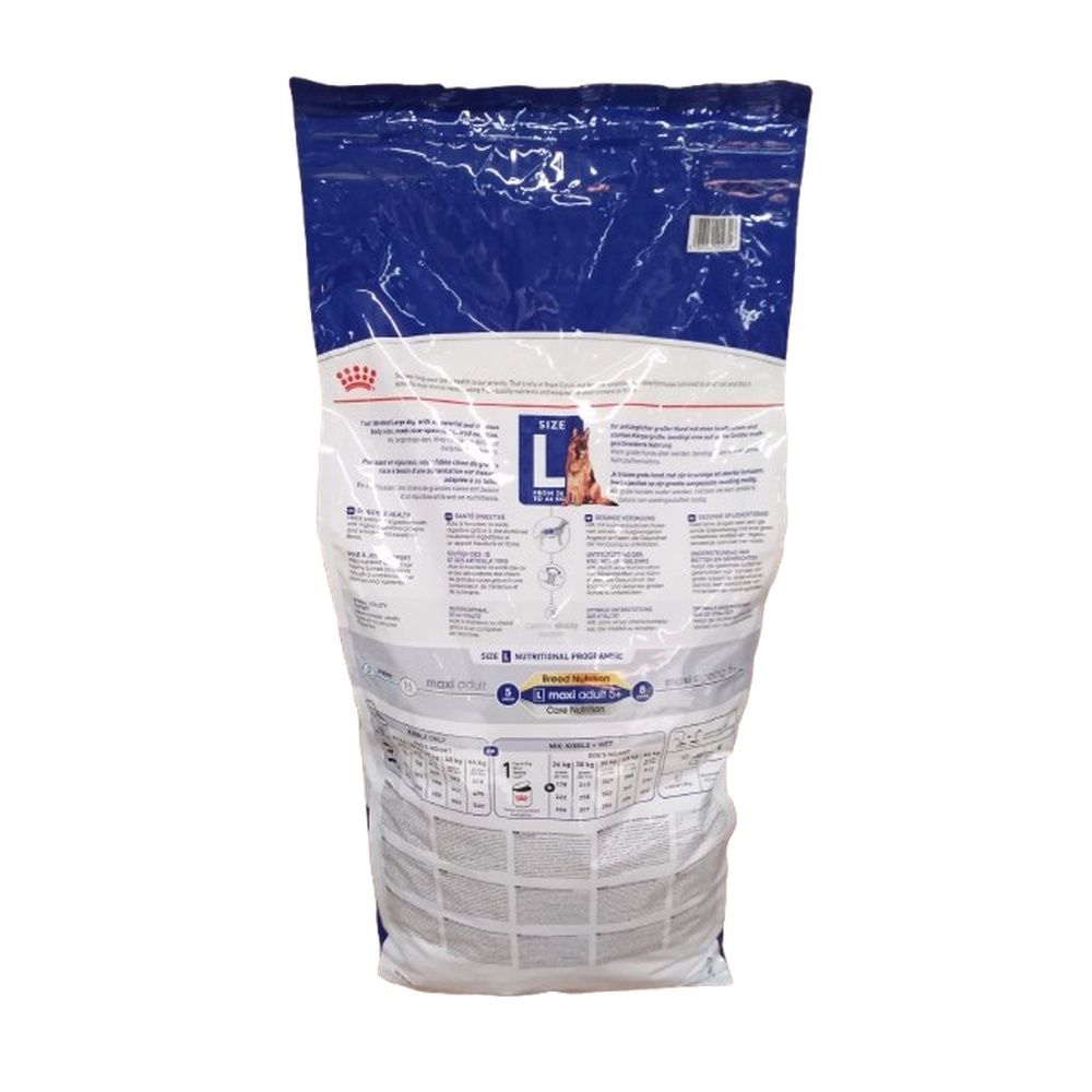 Rückseite eines Royal Canin Maxi Adult 5+ Hundefutter-Sacks mit detaillierten Informationen.