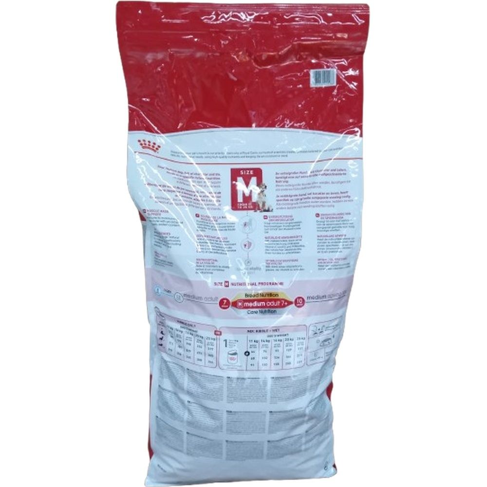 Rückseite eines Royal Canin Medium Adult 7+ Hundefutter-Sacks mit detaillierten Ernährungsinformationen.
