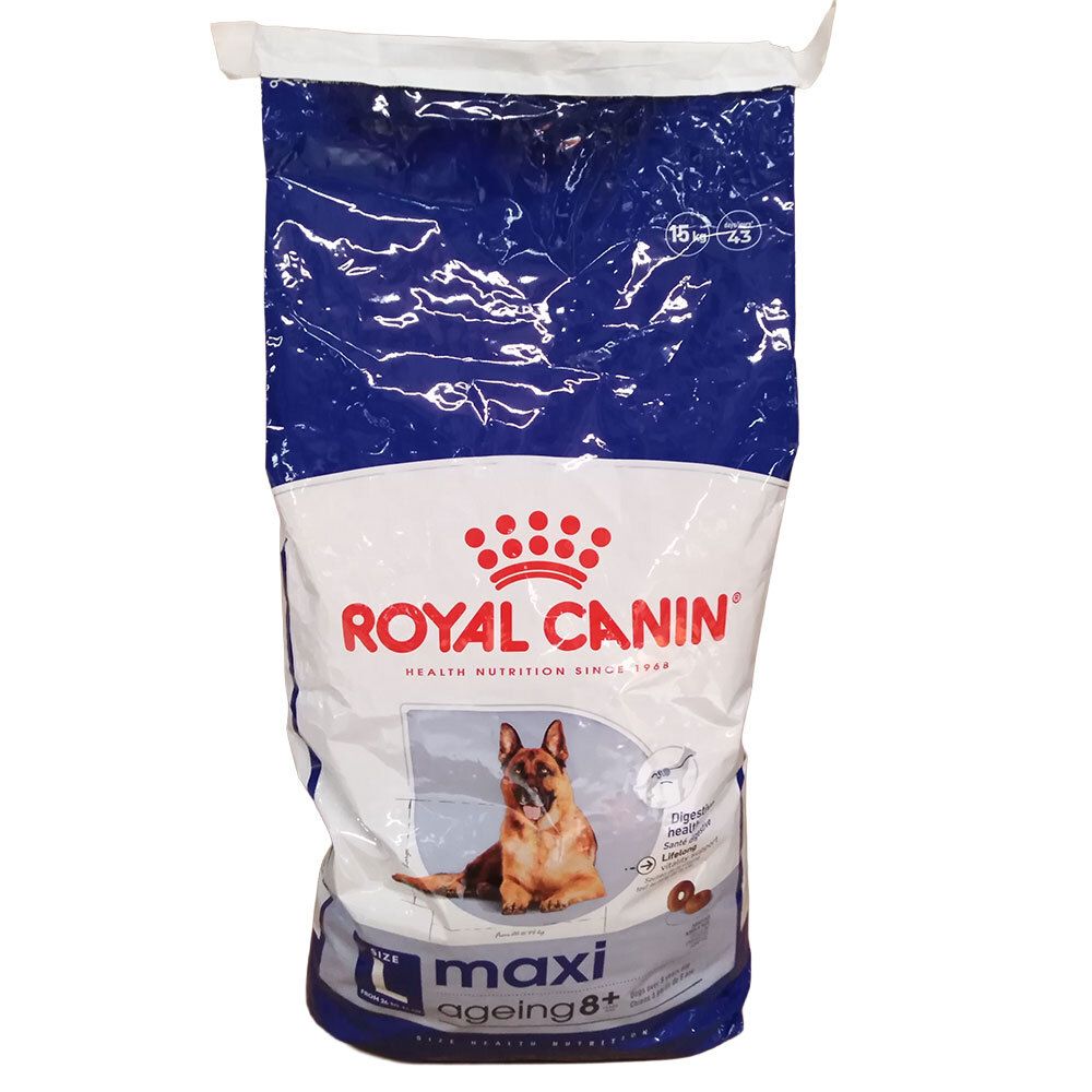 Royal Canin Maxi Ageing 8+ Hundefutter-Sack mit deutscher Beschreibung und Nährwerttabelle.