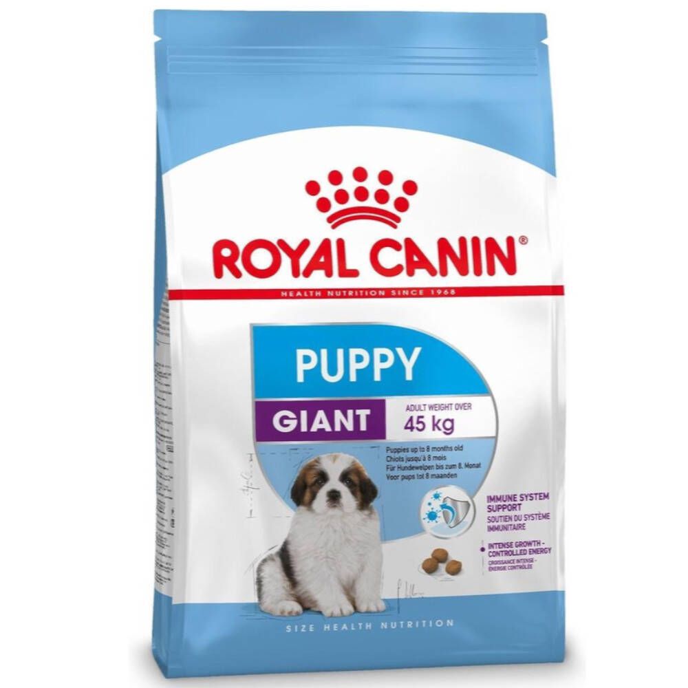 Blauwe zak met "ROYAL CANIN" logo en "PUPPY GIANT" tekst. Afbeelding van een puppy en hondenbrokken.