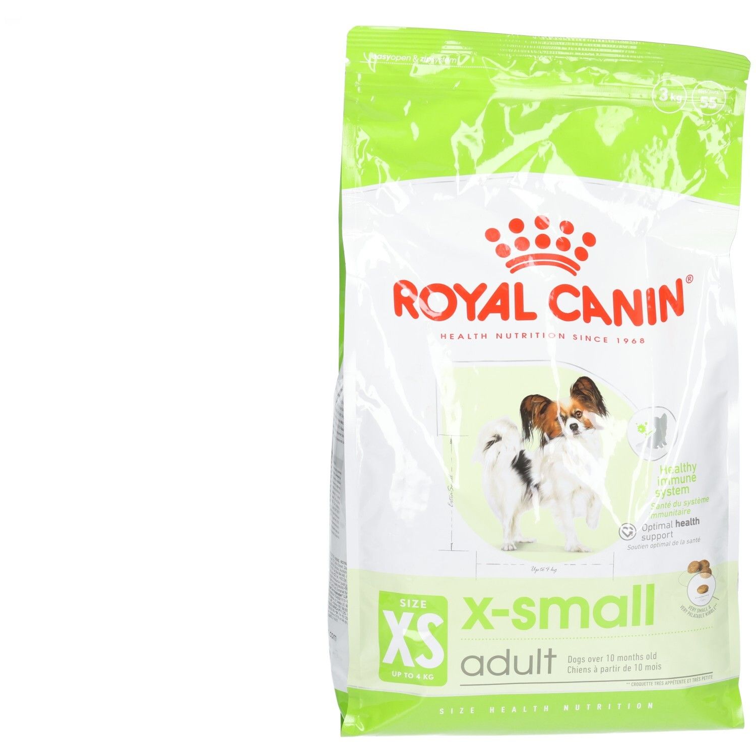 Royal Canin X-Small Adult Hundefutter-Packung mit Abbildung von zwei kleinen Hunden und Produktinformationen.