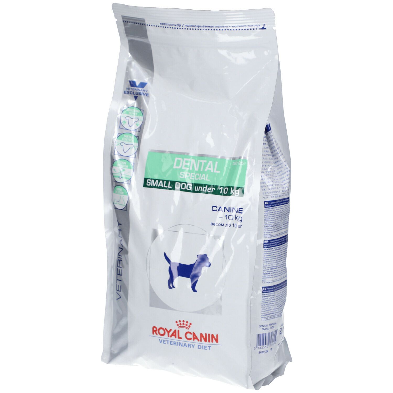 Sac blanc avec texte. Inscription: DENTAL SPECIAL SMALL DOG under 10 kg. Logo: chien. Marque: ROYAL CANIN VETERINARY DIET.