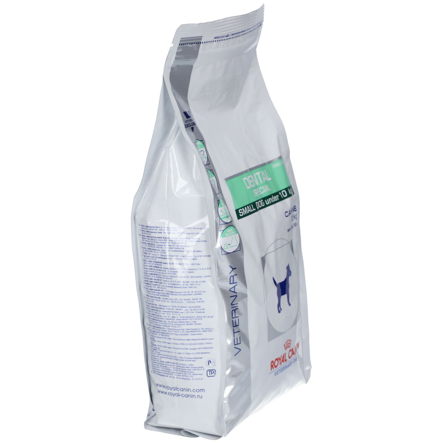 Sac blanc, vue latérale. Inscription: DENTAL FOR SMALL DOG under 10 kg. Logo: chien. Marque: ROYAL CANIN VETERINARY DIET.