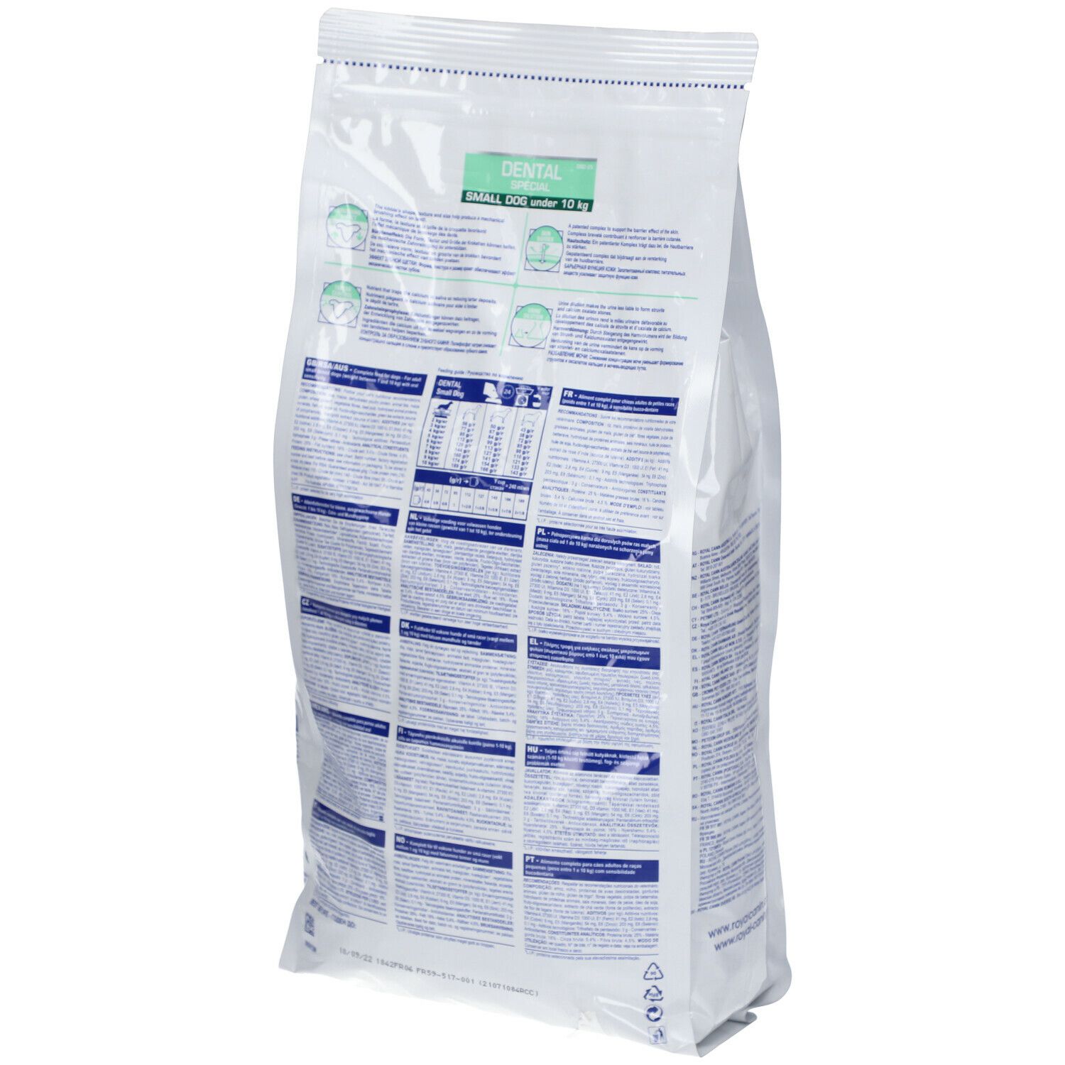 Sac blanc, dos. Texte et graphiques. Inscription: DENTAL SMALL DOG under 10 kg. Marque: ROYAL CANIN VETERINARY DIET.