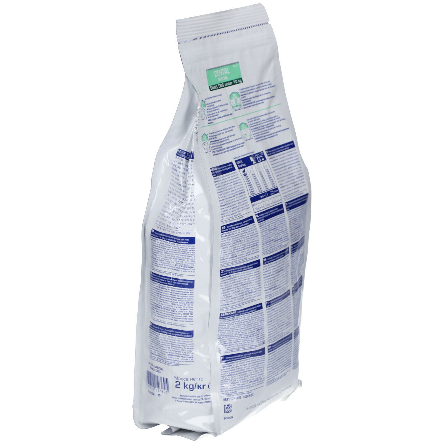 Sac blanc, vue arrière oblique. Inscription: DENTAL SMALL DOG under 10 kg. Marque: ROYAL CANIN VETERINARY DIET. Poids: 2 kg/kg.