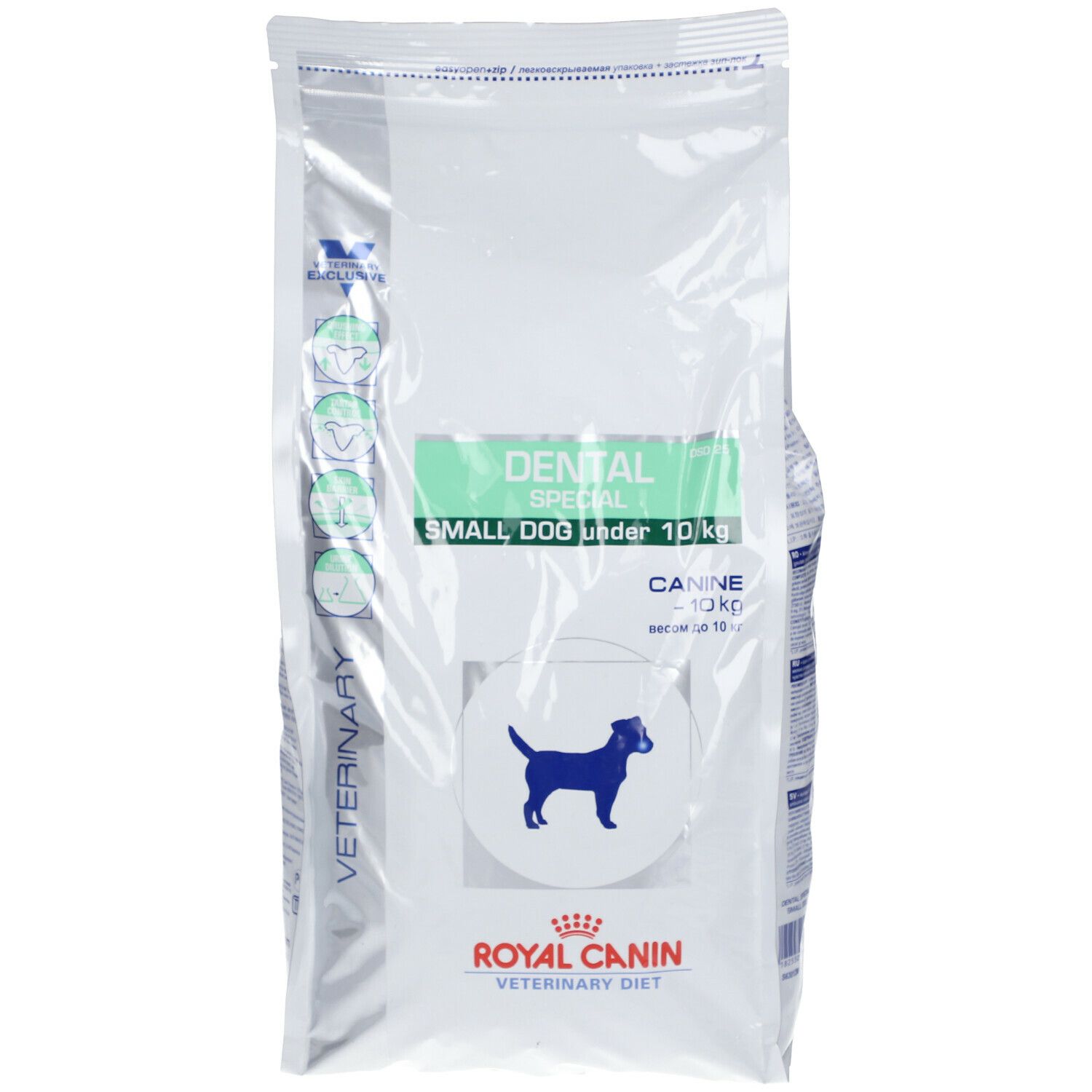 Sac blanc avec texte. Inscription: DENTAL SPECIAL SMALL DOG under 10 kg. Logo: chien. Marque: ROYAL CANIN VETERINARY DIET.