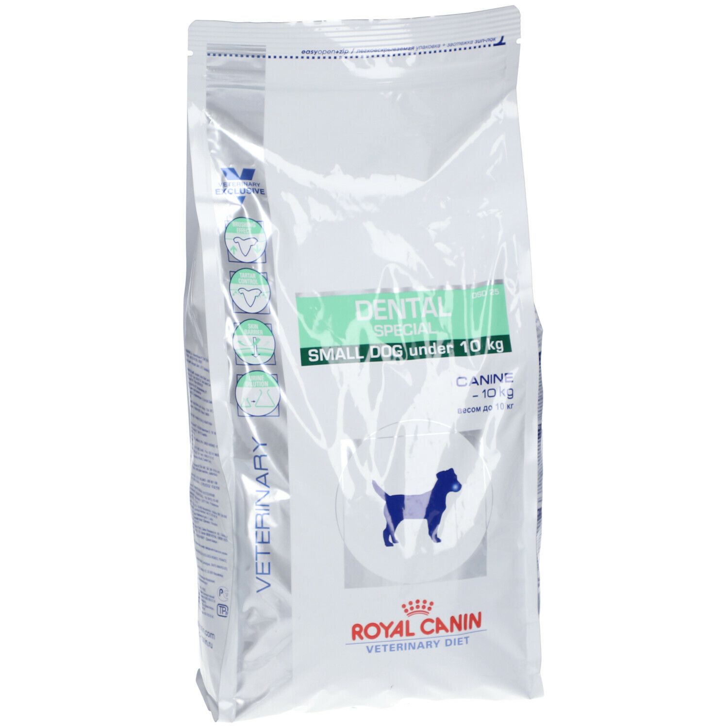 Sac blanc avec texte. Inscription: DENTAL SPECIAL SMALL DOG under 10 kg. Logo: chien. Marque: ROYAL CANIN VETERINARY DIET.