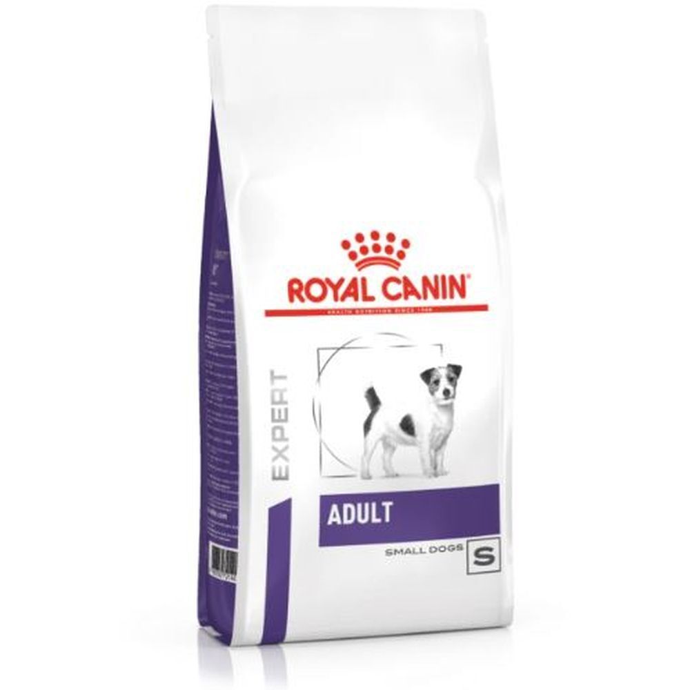 Zak Royal Canin Adult Small Dogs. Wit met paarse accenten. Logo en productnaam. Afgebeeld is een hond.