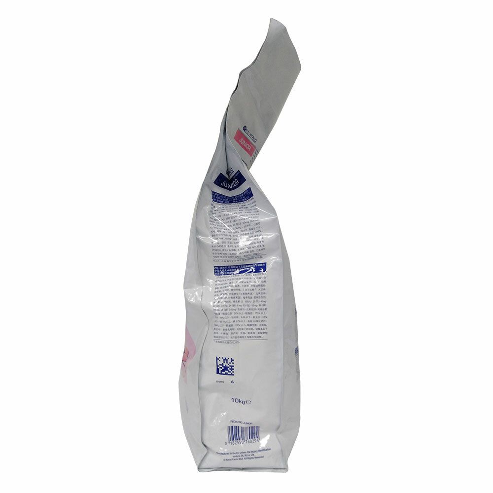 Royal Canin Veterinary Canine Pediatric Junior. Emballage blanc, vue latérale. Texte et logo visibles. 10 kg.