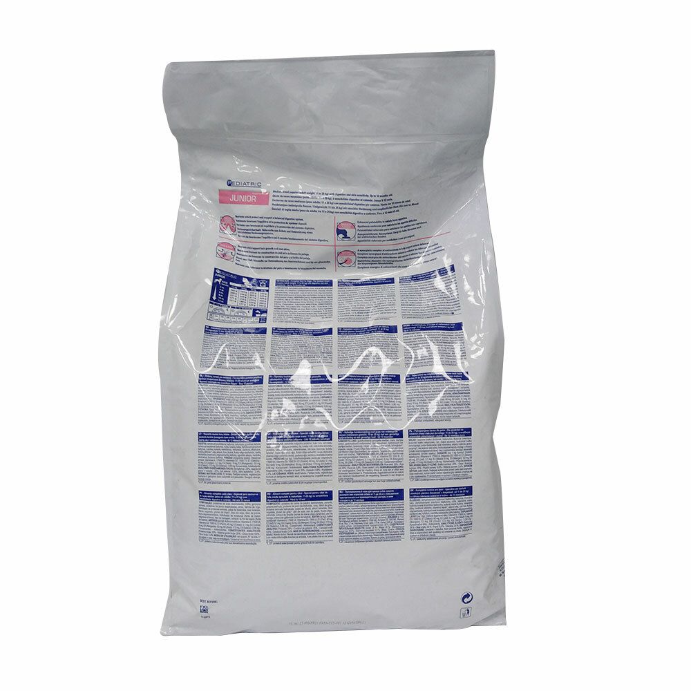 Royal Canin Veterinary Canine Pediatric Junior. Emballage blanc, vue arrière. Texte et logo visibles.