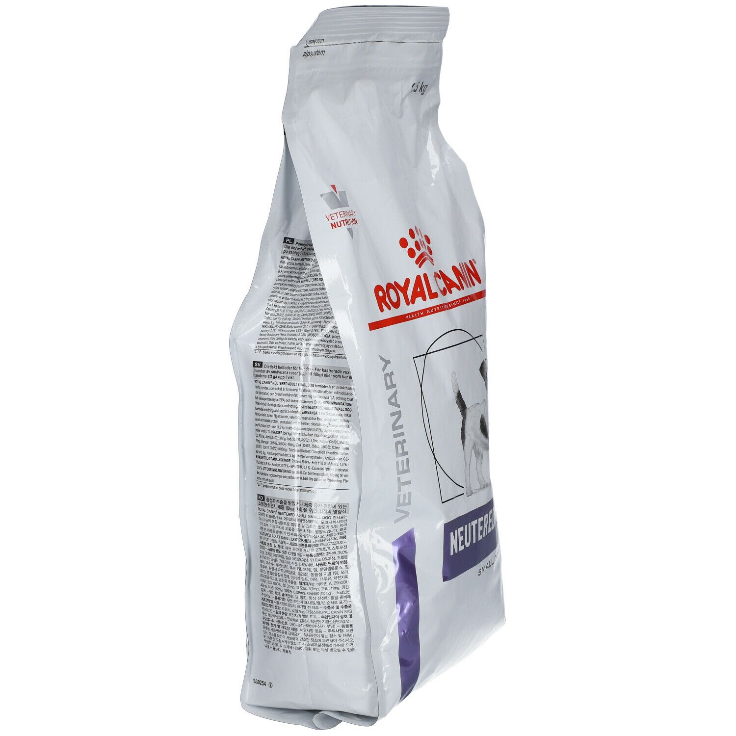 Zijaanzicht van de voerzak. Merk Royal Canin. Tekst: Neutered Adult. Bedrukking met informatie en teksten in verschillende talen.