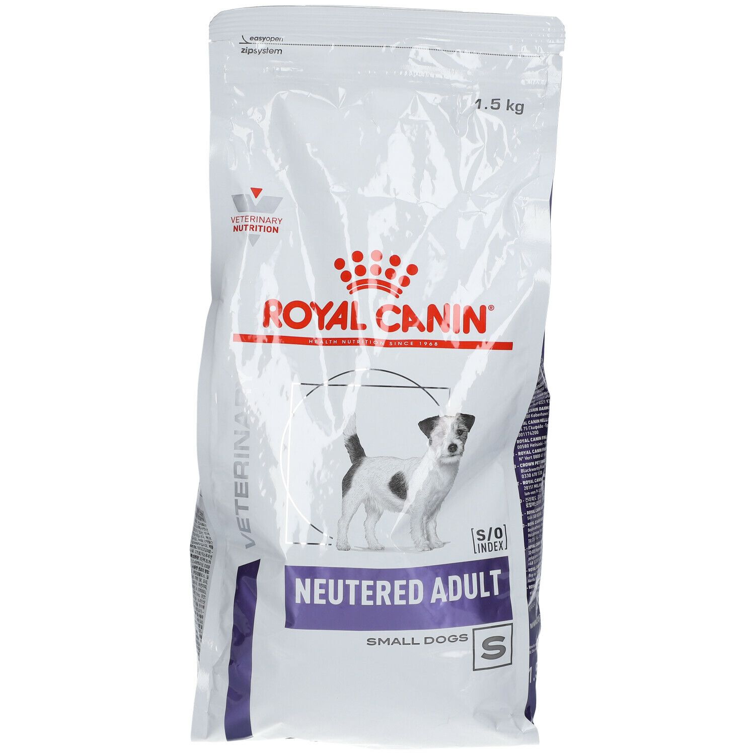Voerzak voor gesteriliseerde kleine honden. Merk Royal Canin. Afbeelding van een hond. Tekst: Neutered Adult Small Dogs. 1,5 kg.