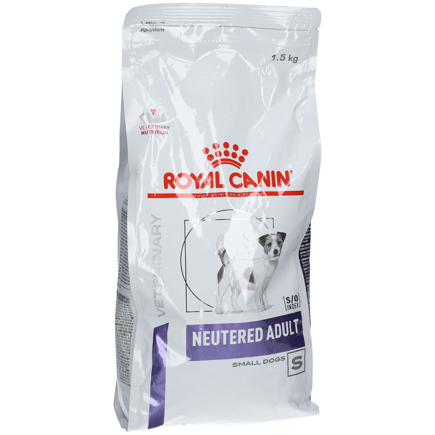 Voerzak voor gesteriliseerde kleine honden. Merk Royal Canin. Afbeelding van een hond. Tekst: Neutered Adult Small Dogs. 1,5 kg.