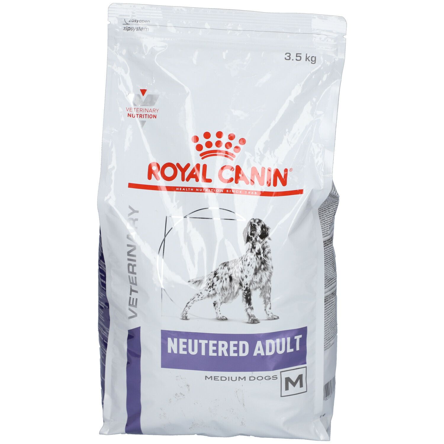 Royal Canin zak voor honden. Opschrift: Neutered Adult Medium Dogs. Gewicht: 3,5 kg.