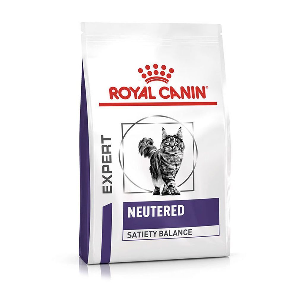 Weiße Futtertüte mit blauem und rotem Logo. Zeigt 'NEUTERED SATIETY BALANCE' und eine stilisierte Katze.