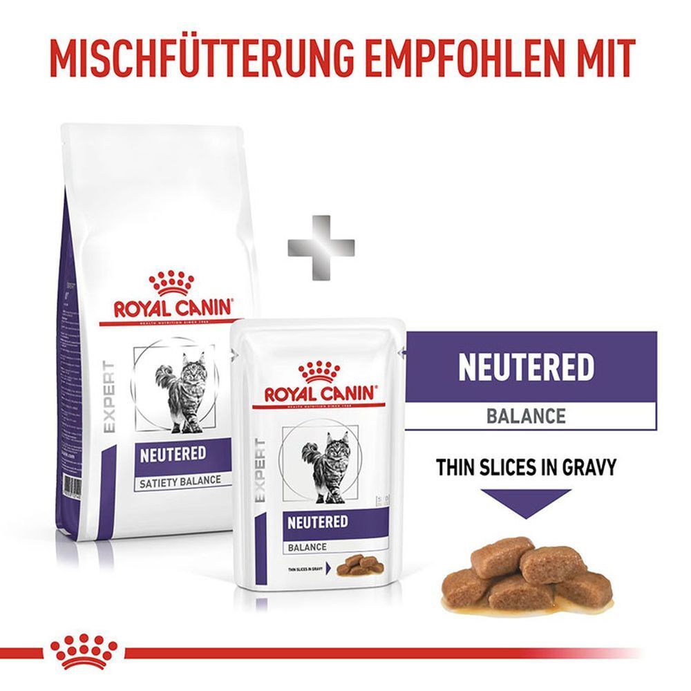 Futtertüte und Schale mit 'NEUTERED BALANCE' Futter. Enthält auch eine Schale mit Stückchen in Soße.