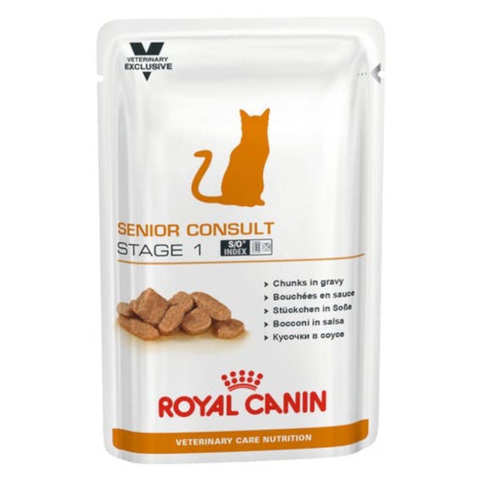 Zakje kattenvoer. Opschrift: SENIOR CONSULT STAGE 1. Bruine brokken in saus afgebeeld.