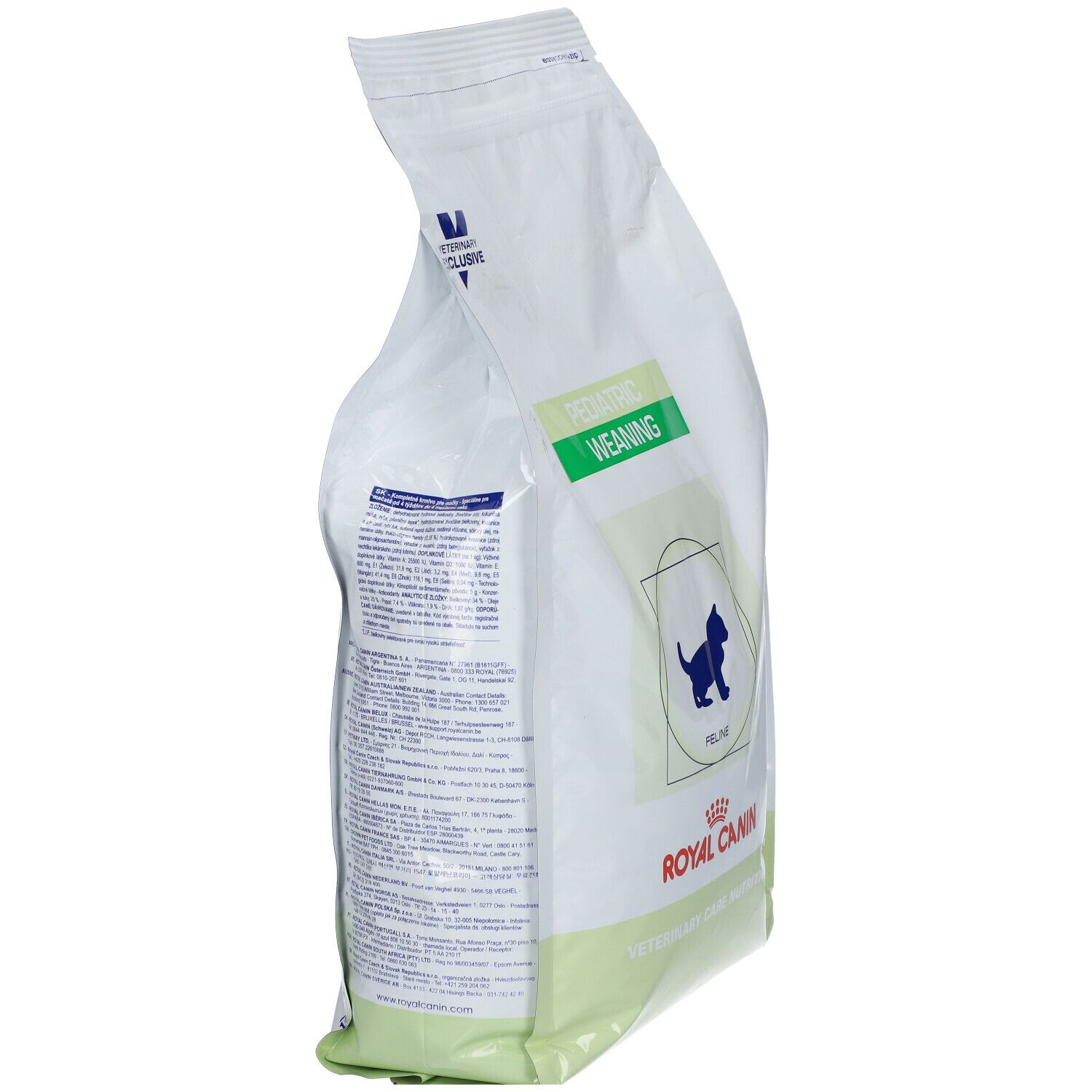 Sac blanc avec détails verts. Inscriptions: Veterinary Exclusive, Weaning, Royal Canin. Illustration d'un chat.