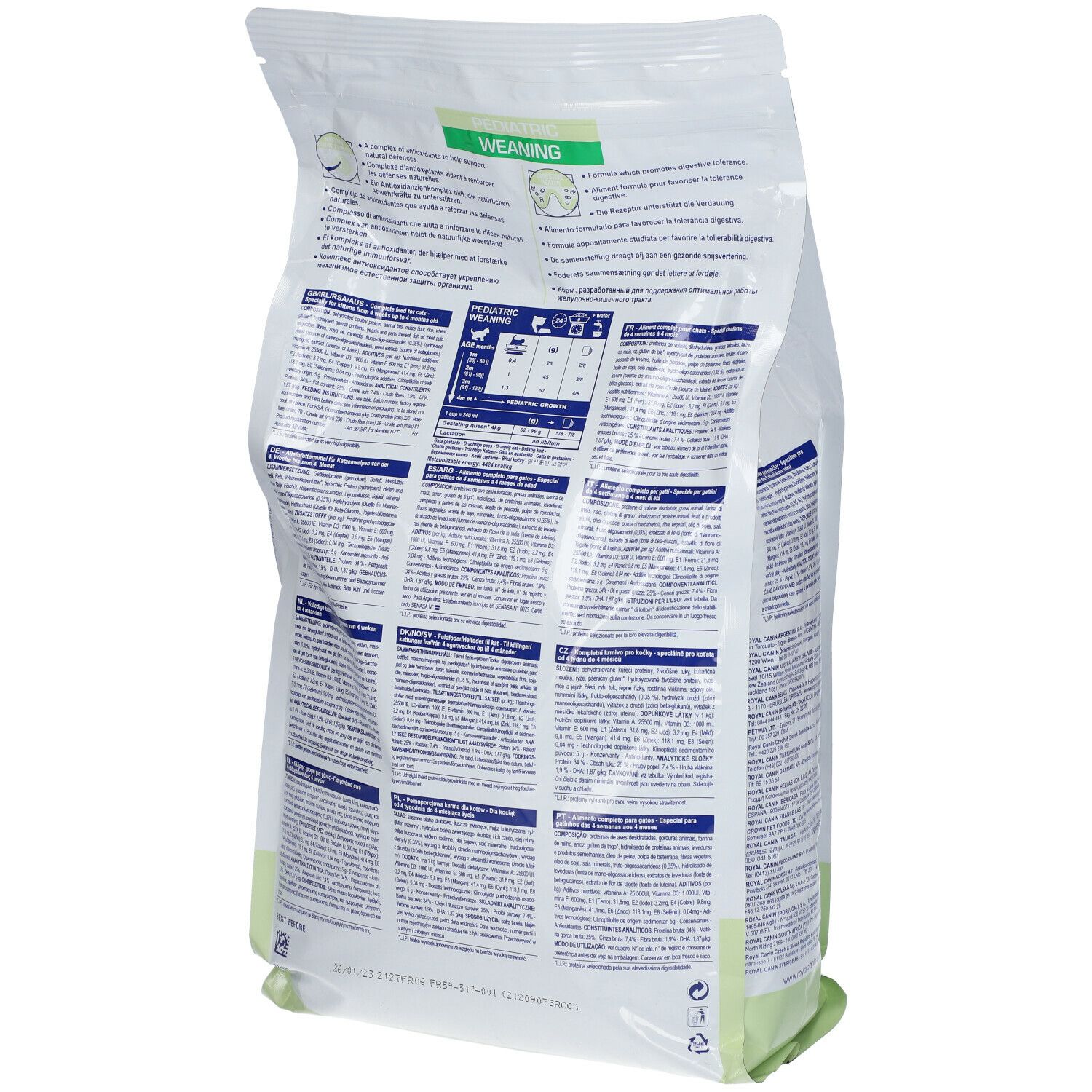 Dos d'un sac blanc. Texte et tableaux. Inscriptions: Weaning, Pediatric. Informations nutritionnelles.