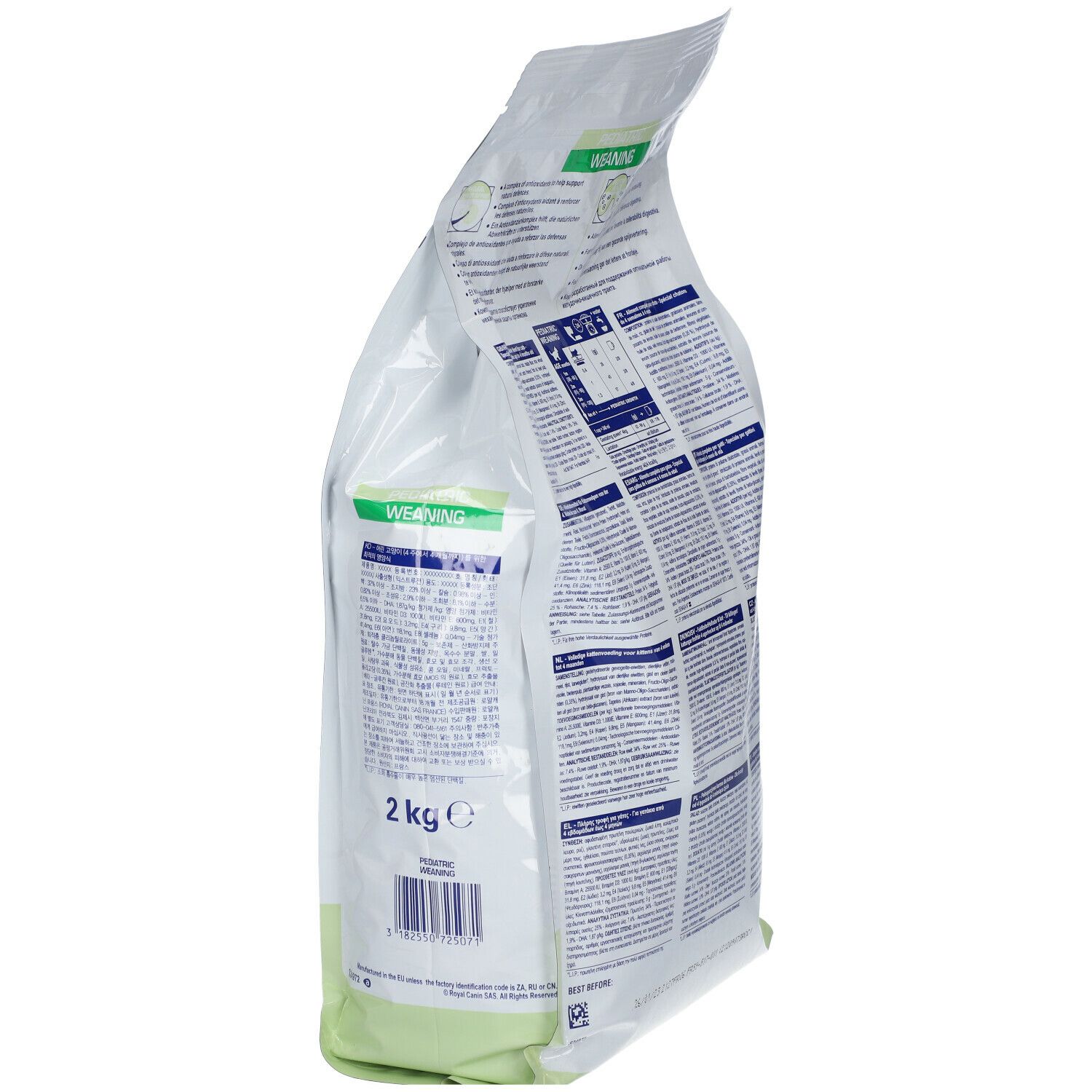 Sac blanc avec texte et détails verts. Inscriptions: Weaning, 2 kg. Code-barres et informations fabricant.