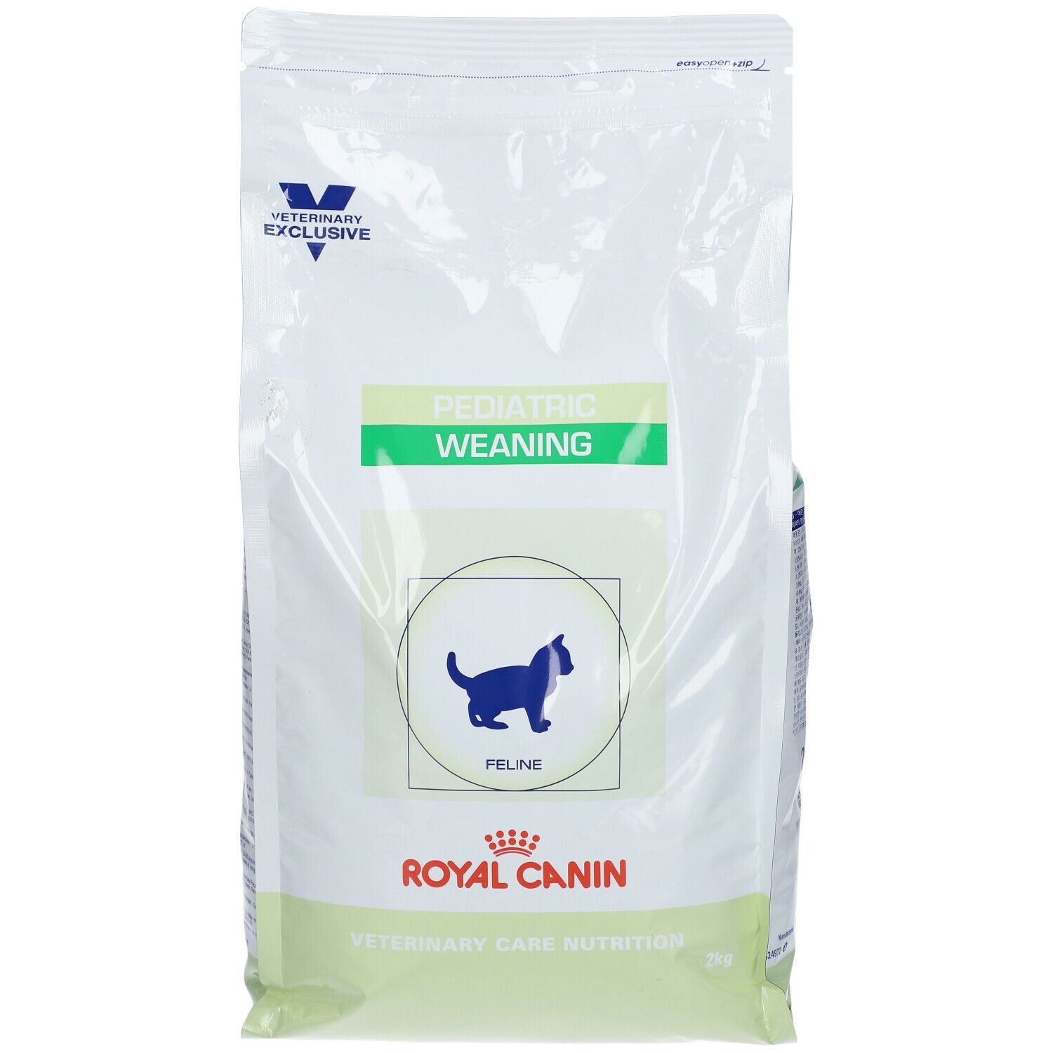 Sac blanc avec détails verts. Inscriptions: Veterinary Exclusive, Pediatric Weaning, Royal Canin. Silhouette de chat.