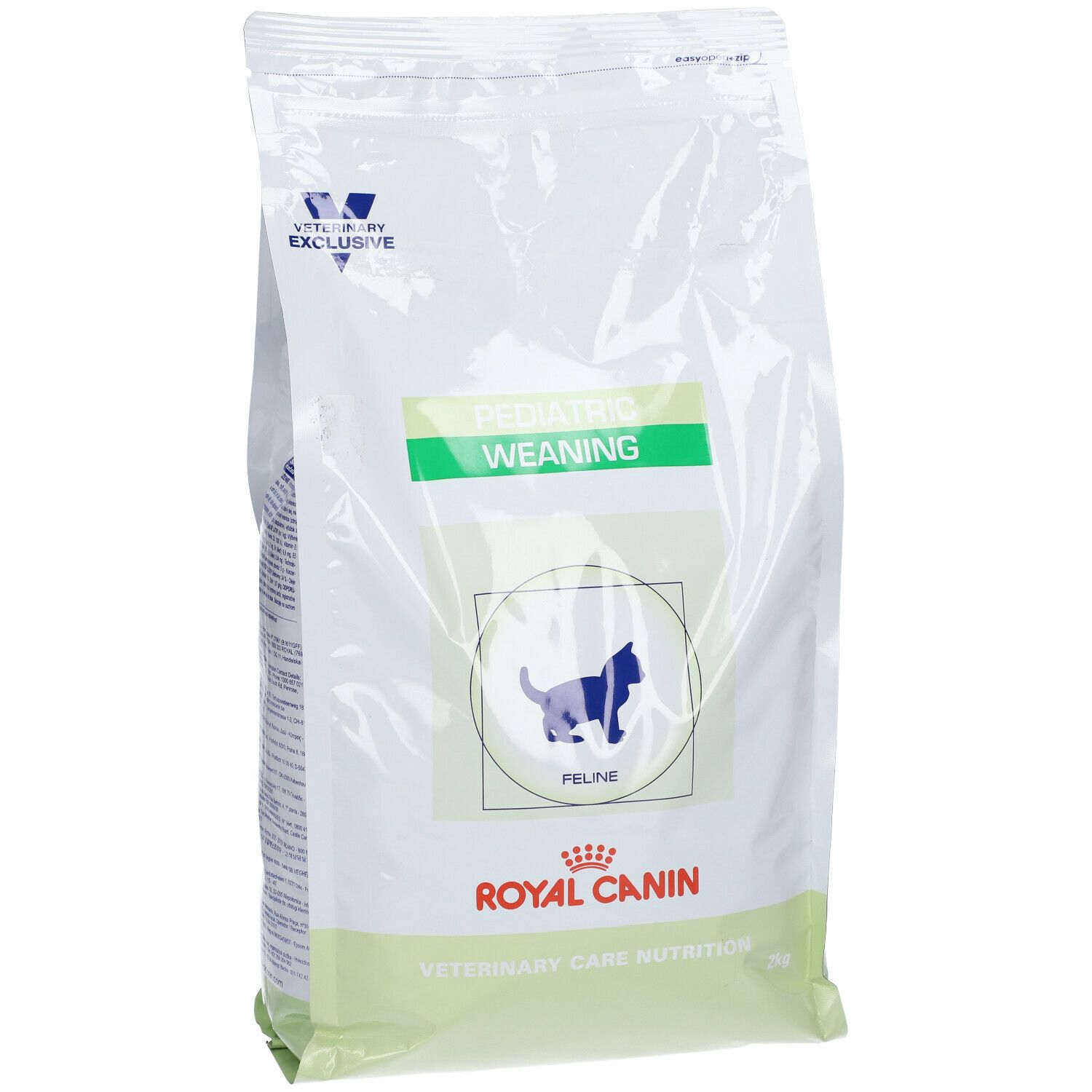 Sac blanc avec détails verts. Inscriptions: Veterinary Exclusive, Pediatric Weaning, Royal Canin. Silhouette de chat.