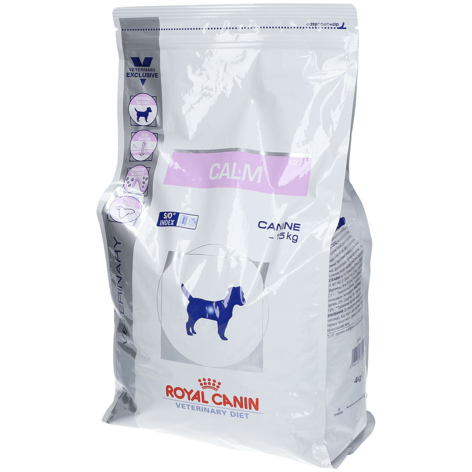 Zak Royal Canin Veterinary Canine Calm. Wit, met productnaam, logo en illustraties. 15 kg.
