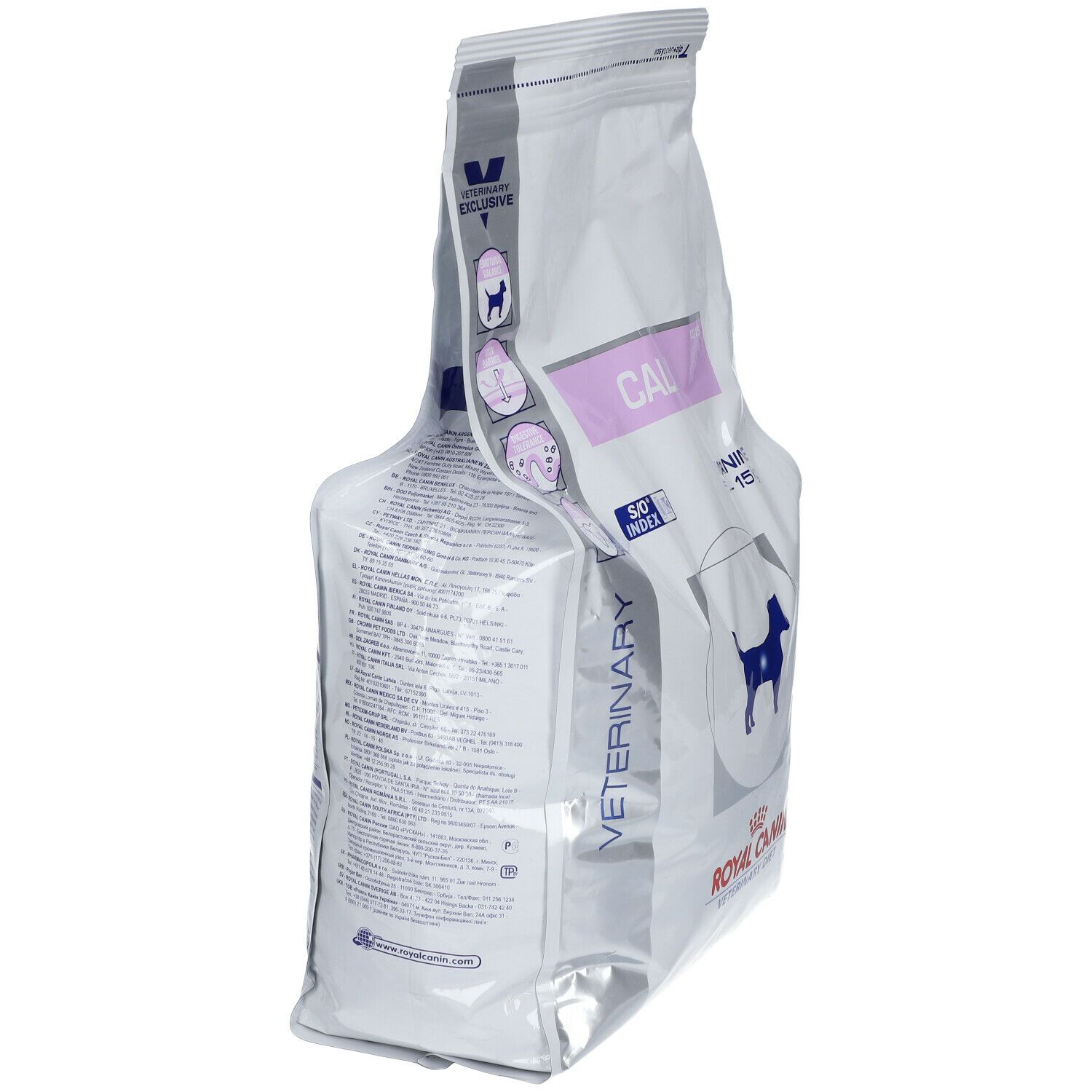 Royal Canin Veterinary Canine Calm zak, zijaanzicht. Wit, met productnaam, logo en illustraties.