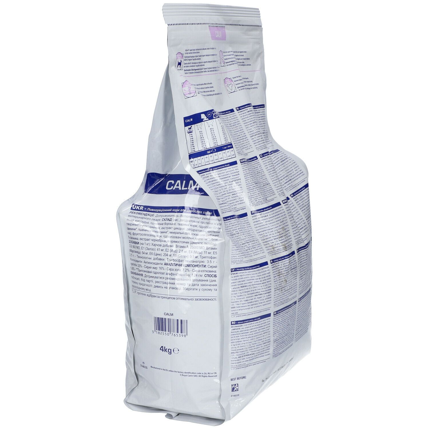 Royal Canin Veterinary Canine Calm zak, zijaanzicht. Wit, met productnaam, logo en illustraties. 4 kg.