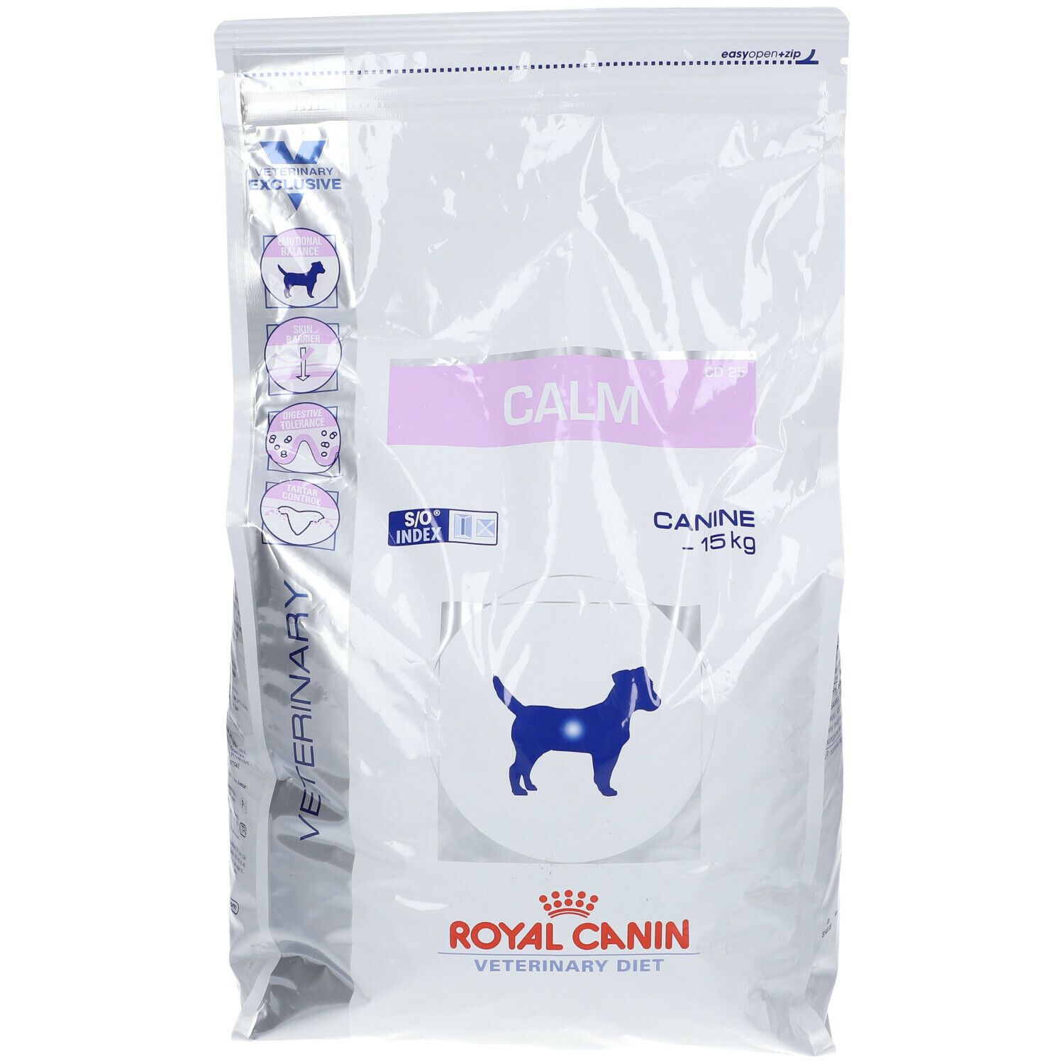 Zak Royal Canin Veterinary Canine Calm. Wit, met productnaam, logo en illustraties. 15 kg.