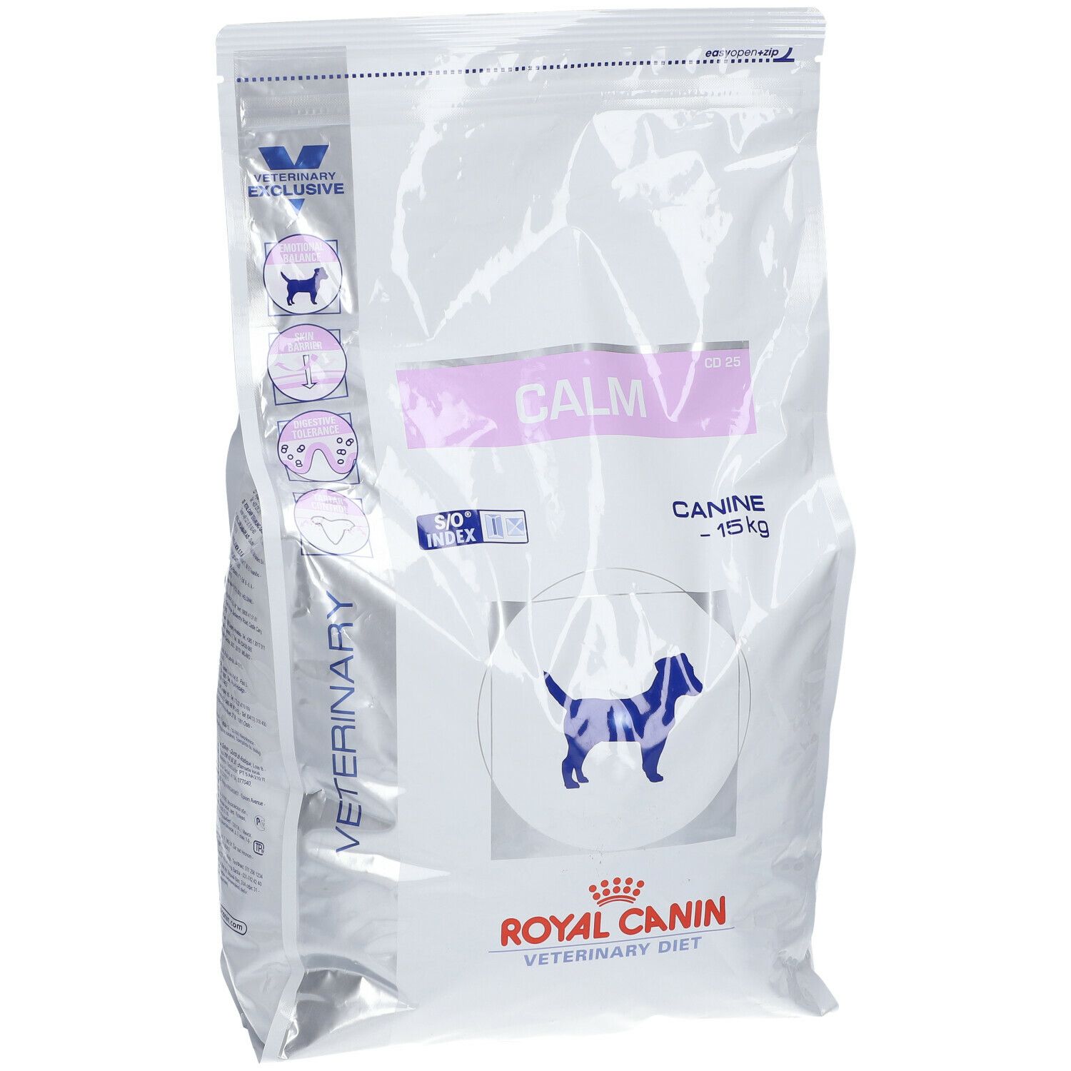 Zak Royal Canin Veterinary Canine Calm. Wit, met productnaam, logo en illustraties. 15 kg.