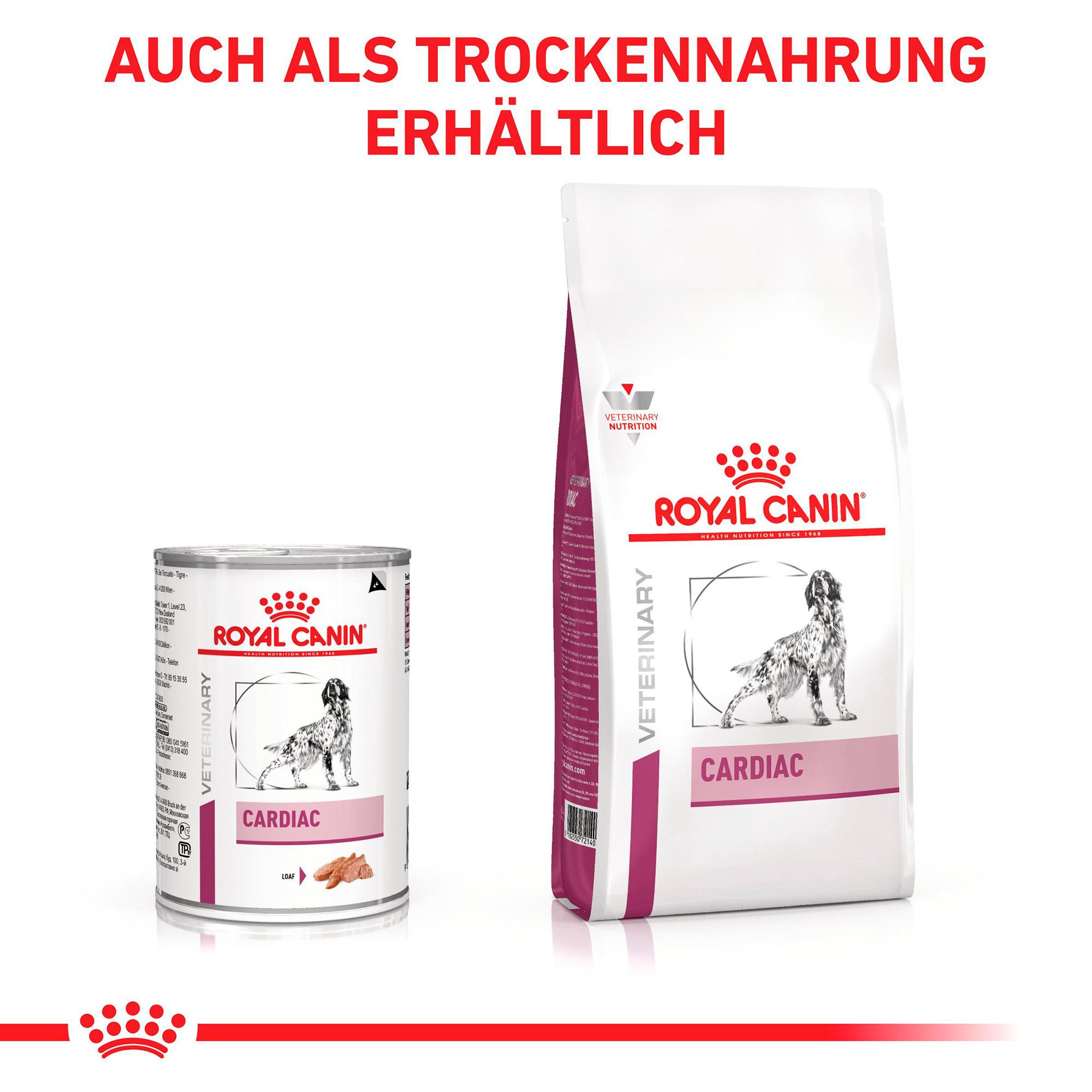 Verpackung mit 10 Dosen ROYAL CANIN® Veterinary Cardiac Hundefutter, mit Fokus auf die Rückseite.