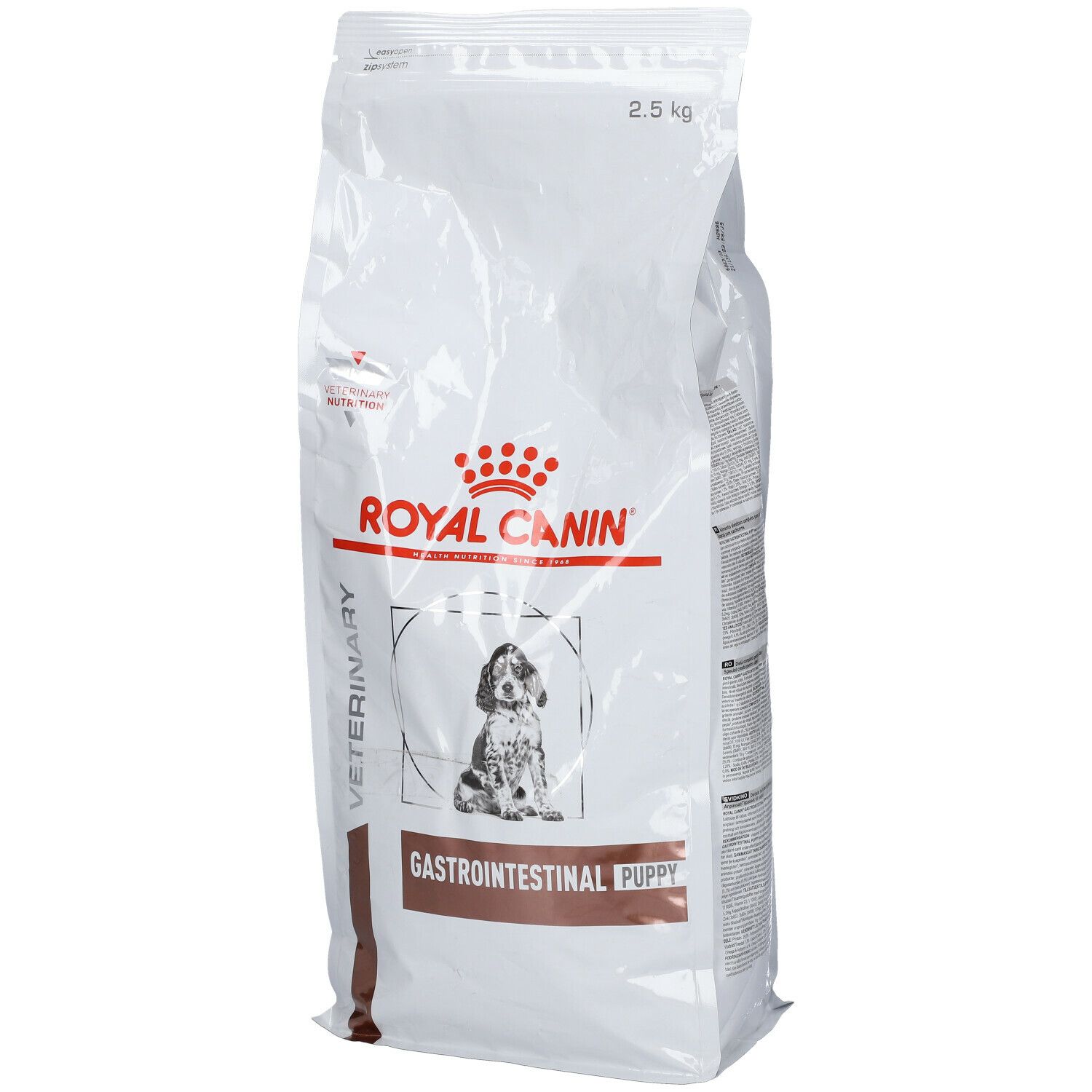Zak Royal Canin Veterinary Gastrointestinal Puppy. Wit, met logo, puppy-illustratie en tekst. 2,5 kg.