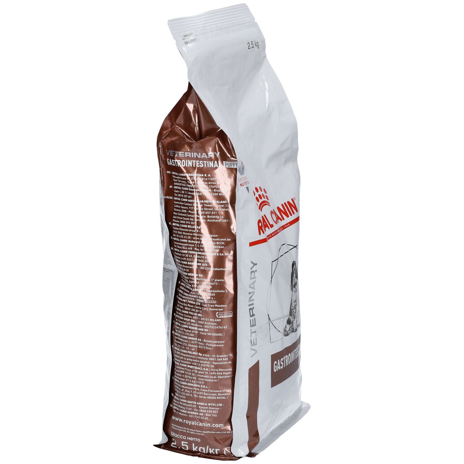 Zijaanzicht van de zak Royal Canin Veterinary Gastrointestinal Puppy. Wit en bruin, met tekst en logo. 2,5 kg.