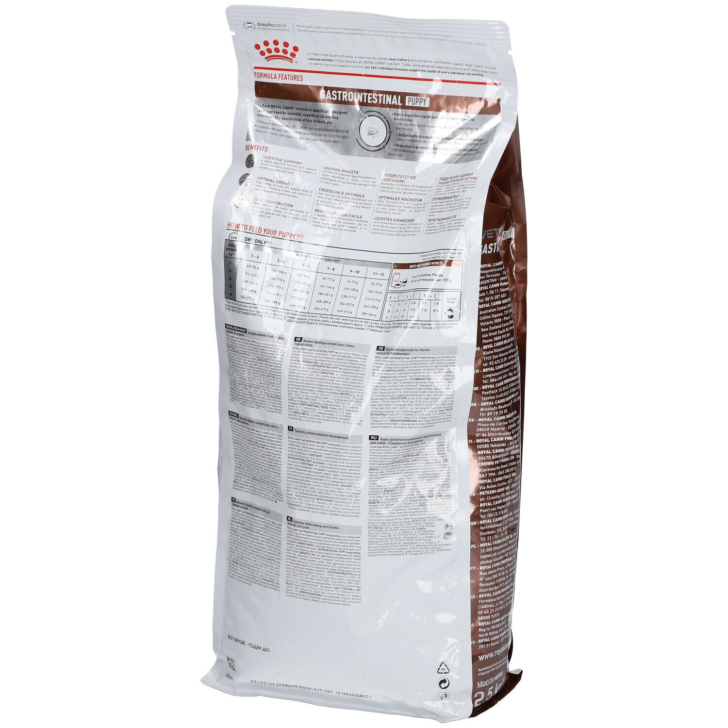 Achterkant van de zak Royal Canin Veterinary Gastrointestinal Puppy. Wit en bruin, met tekst en informatie. 2,5 kg.