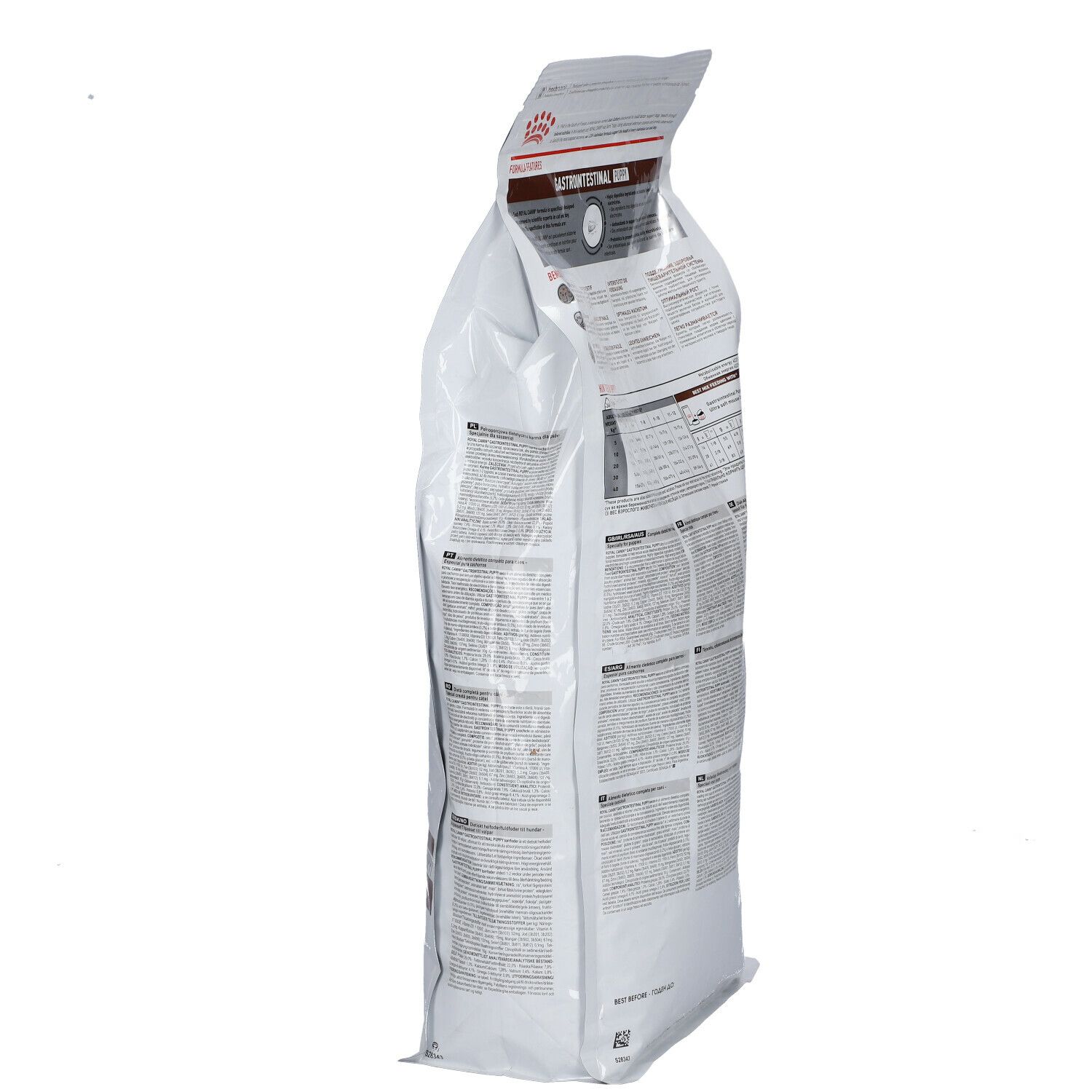 Zijaanzicht van de zak Royal Canin Veterinary Gastrointestinal Puppy. Wit en bruin, met tekst en logo. 2,5 kg.