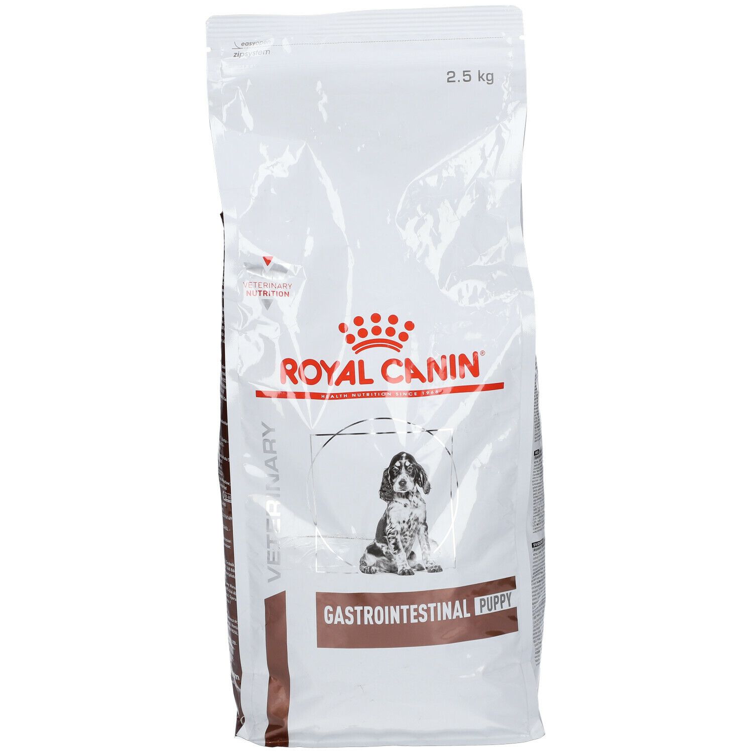 Zak Royal Canin Veterinary Gastrointestinal Puppy. Wit, met logo, puppy-illustratie en tekst. 2,5 kg.