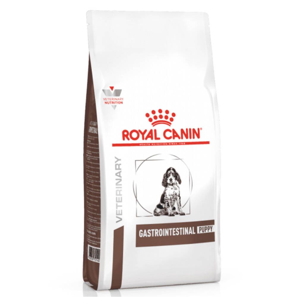 Witte zak met opdruk. Logo en tekst ROYAL CANIN. Afbeelding van een puppy. Tekst: GASTROINTESTINAL PUPPY.