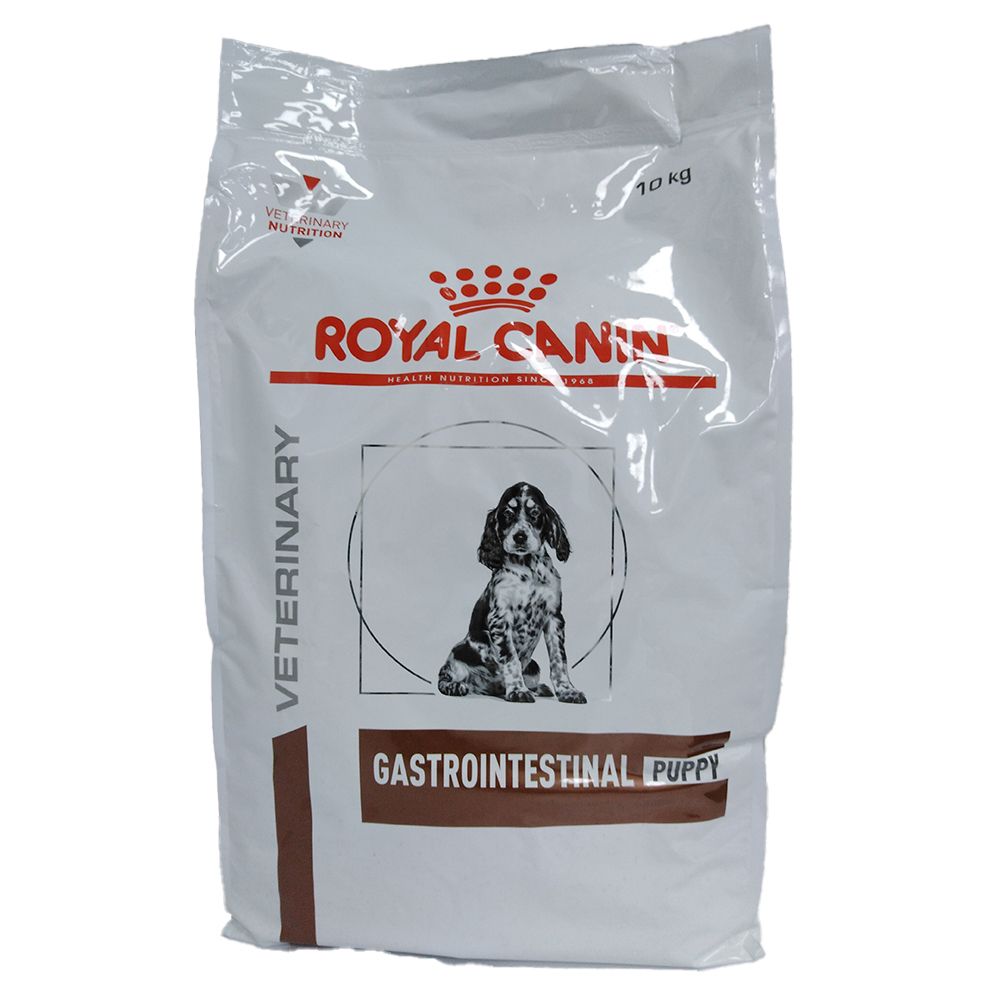 Weißer Beutel mit Aufdruck. Logo und Schriftzug ROYAL CANIN. Abbildung eines Welpen. Text: GASTROINTESTINAL PUPPY. Aufschrift: 10 kg.