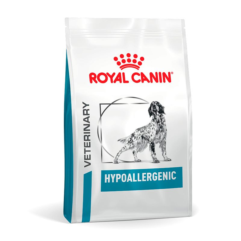 Hundefutter-Sack mit Royal Canin Logo, 'Hypoallergenic Moderate Calorie' Aufschrift und Hundebild.