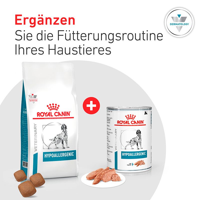 Hundefutter-Sack mit Royal Canin Logo, 'Hypoallergenic Moderate Calorie' Aufschrift und Hundebild.
