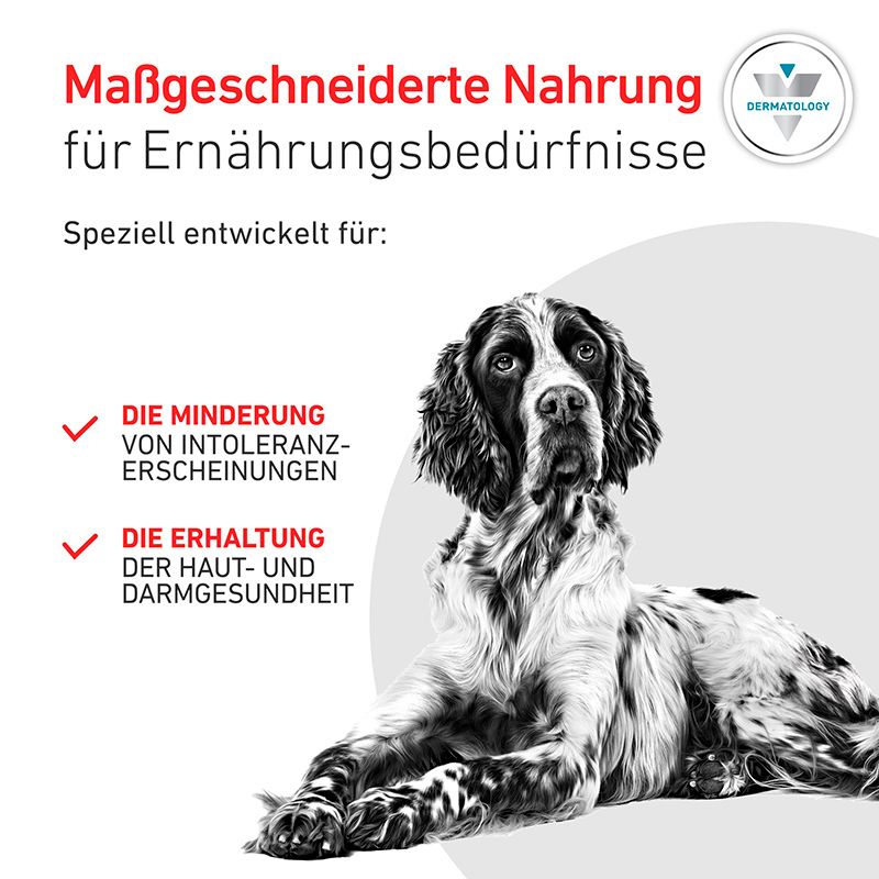 Hundefutter-Sack mit Royal Canin Logo, 'Hypoallergenic Moderate Calorie' Aufschrift und Hundebild.