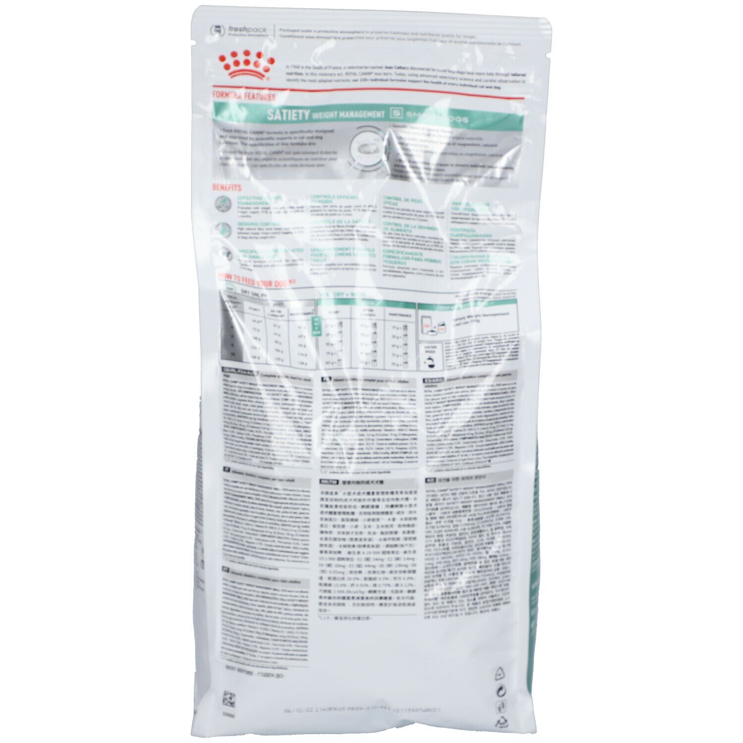 Dos du sac ROYAL CANIN avec texte et tableaux.