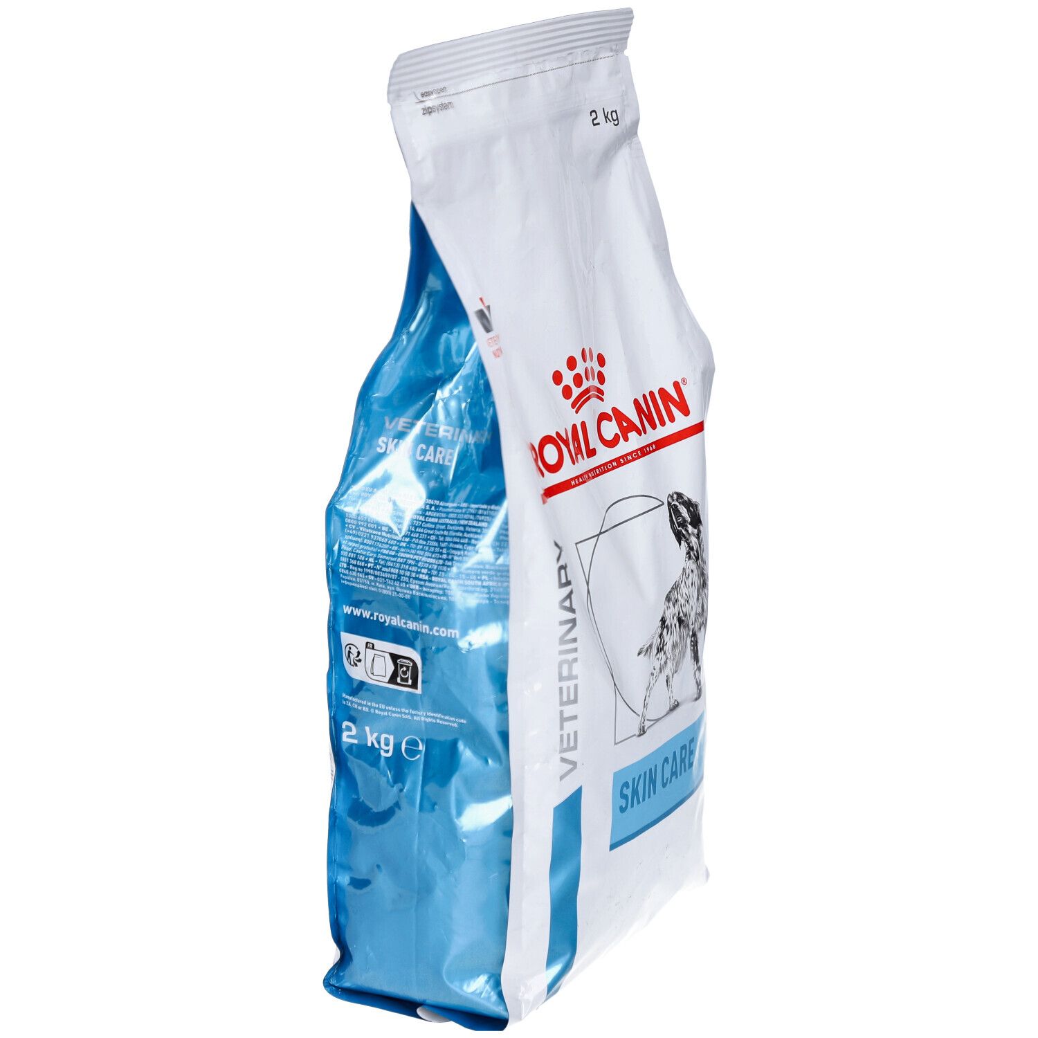 Weiß-blauer Beutel Royal Canin Skin Care. Seitenansicht. Logo und Produktbezeichnung. 2 kg.