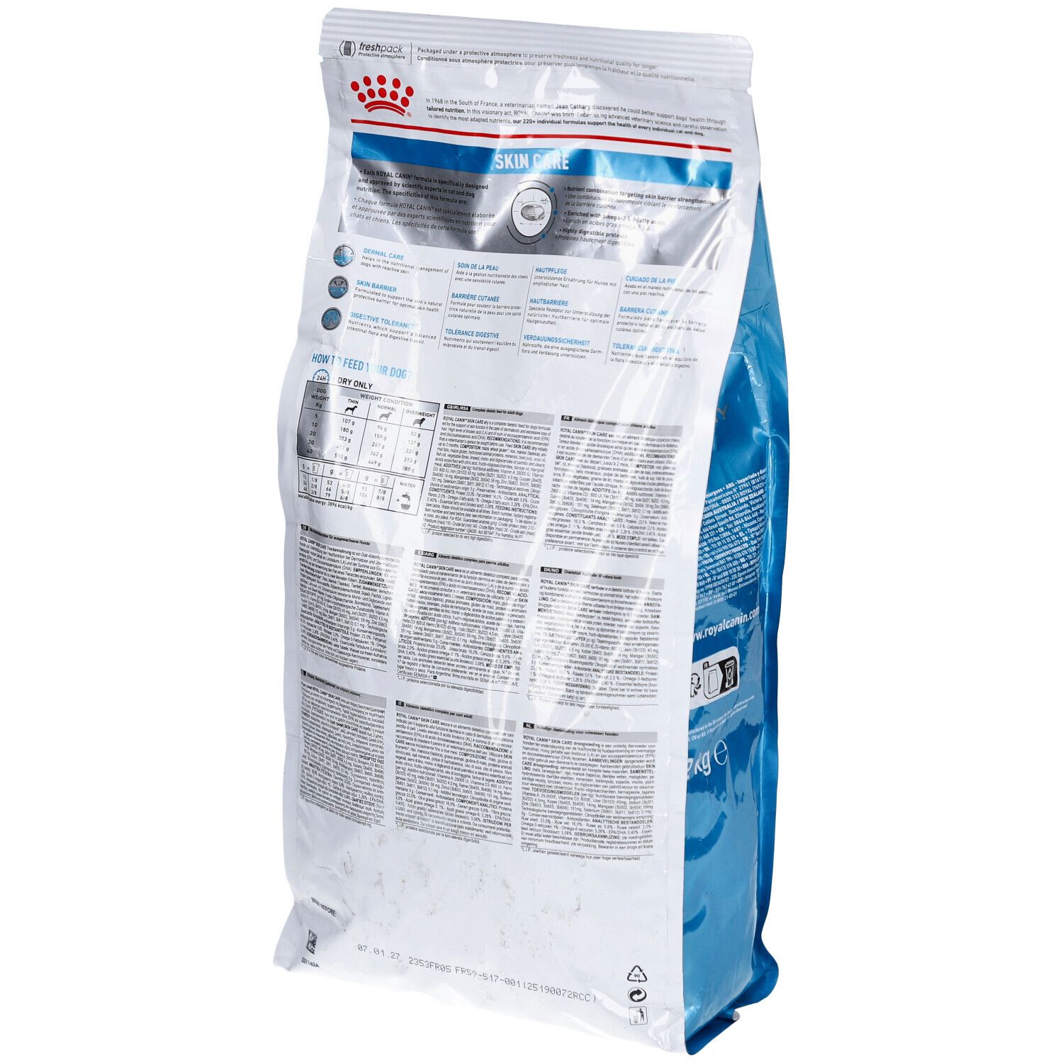 Rückseite des weißen Beutels Royal Canin Skin Care. Text und Informationen. 2 kg.