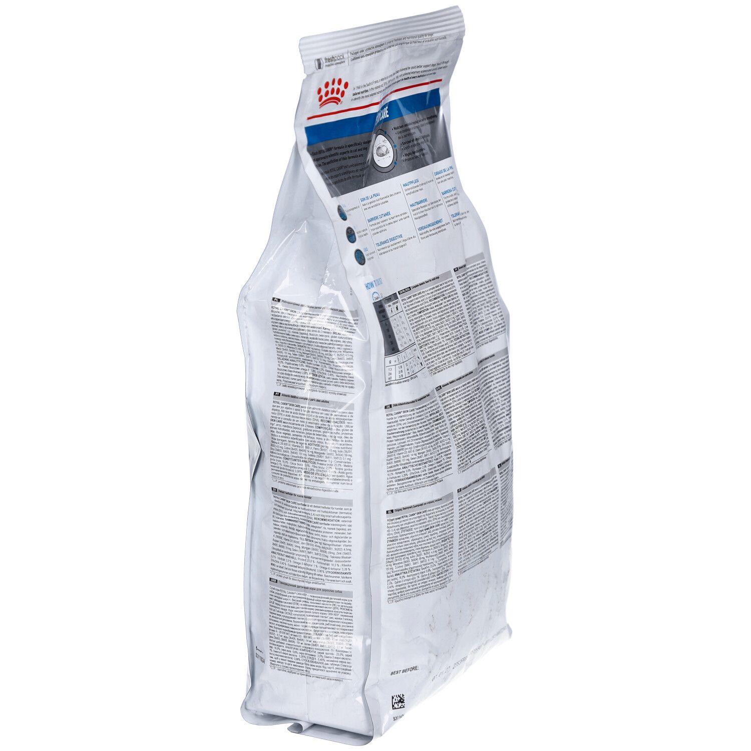 Weiß-blauer Beutel Royal Canin Skin Care. Seitenansicht mit Text. 2 kg.